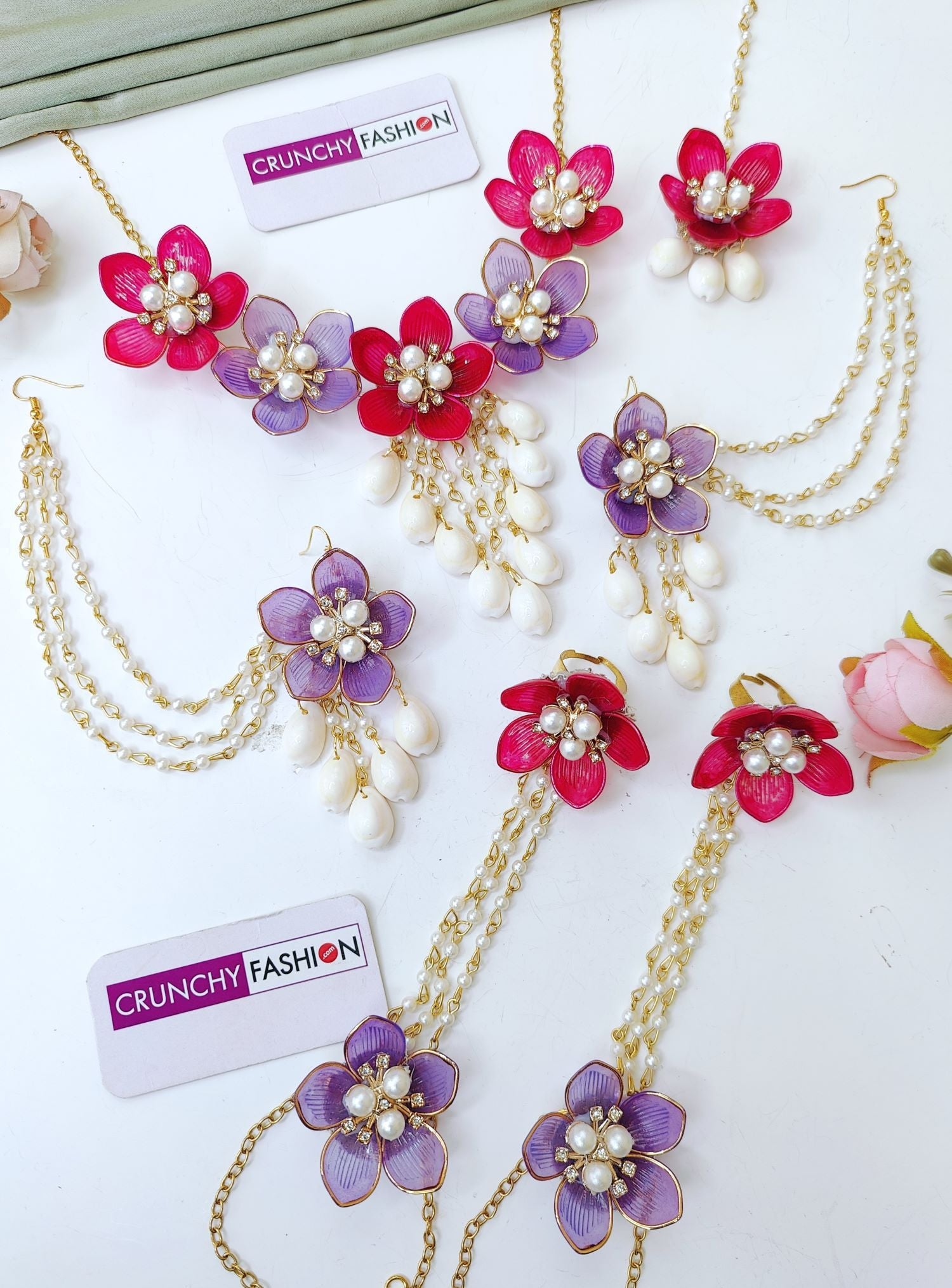 Pink Purple Acrylic Floral Haldi Jewelry Set