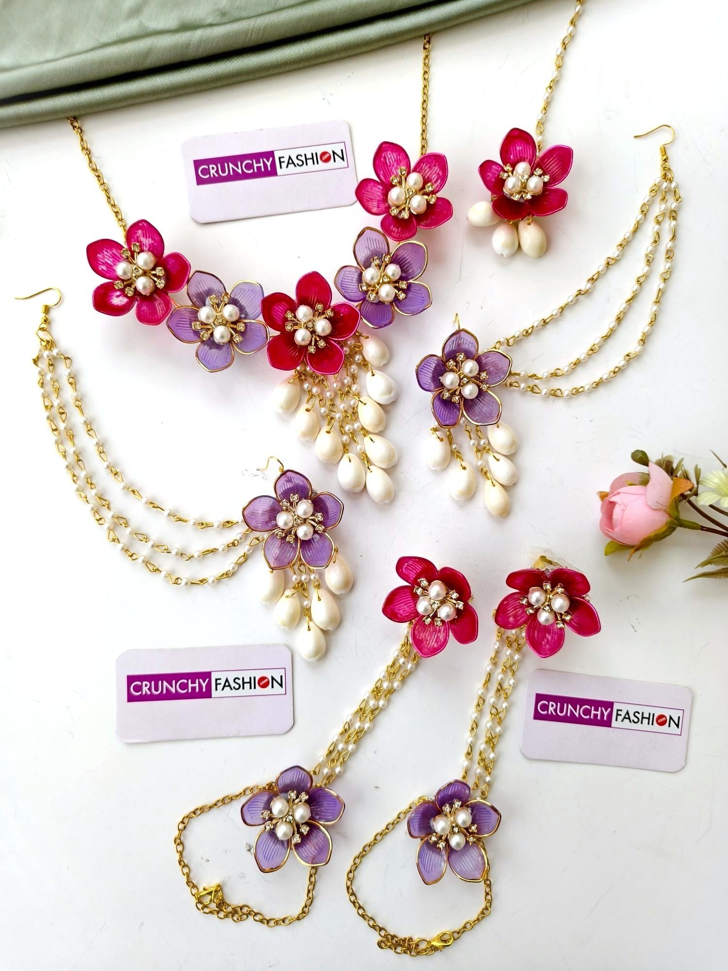Pink-purple acrylic flower and shell jewelry set for women, ideal for haldi, mehndi, or wedding events
