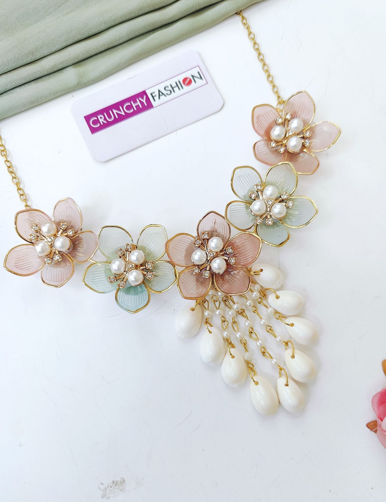 Pink Powder Blue Floral Seashell Haldi Jewellery Set