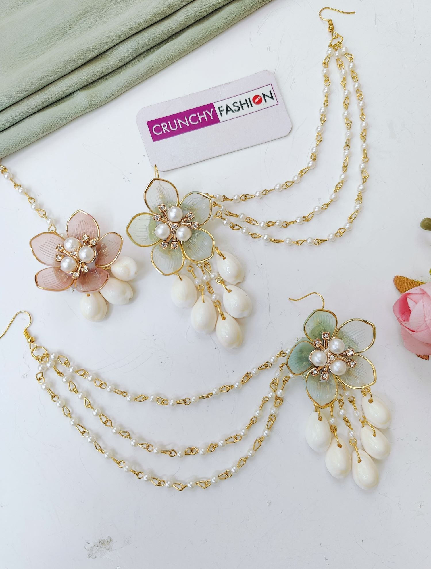 Pink Powder Blue Floral Seashell Haldi Jewellery Set
