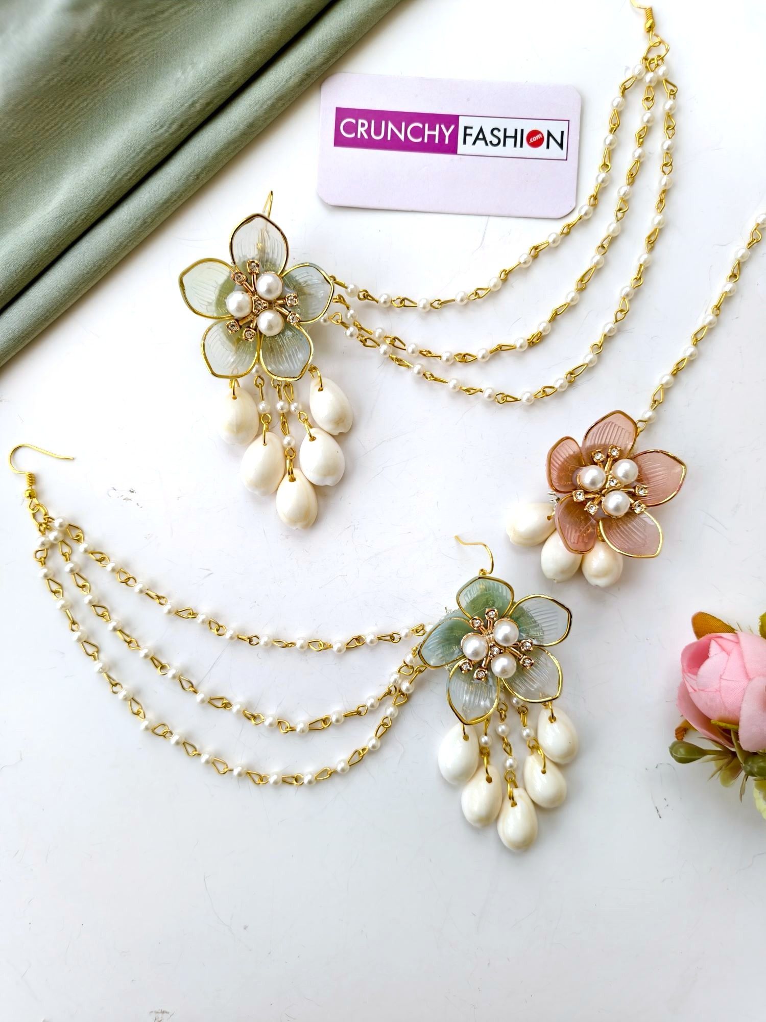 Pink-powder blue floral haldi jewellery set for bride with seashells, resin beaded, ideal for wedding or mehndi