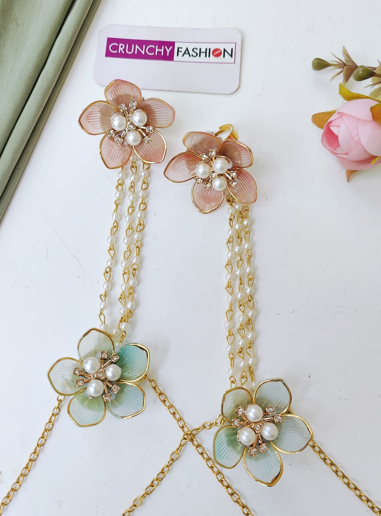 Pink Powder Blue Floral Seashell Haldi Jewellery Set