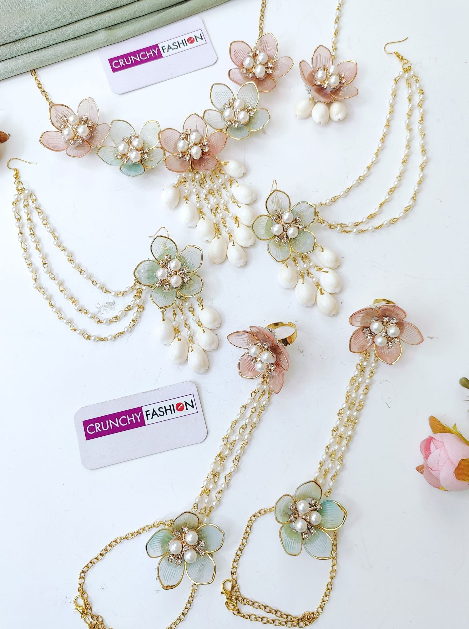 Pink Powder Blue Floral Seashell Haldi Jewellery Set