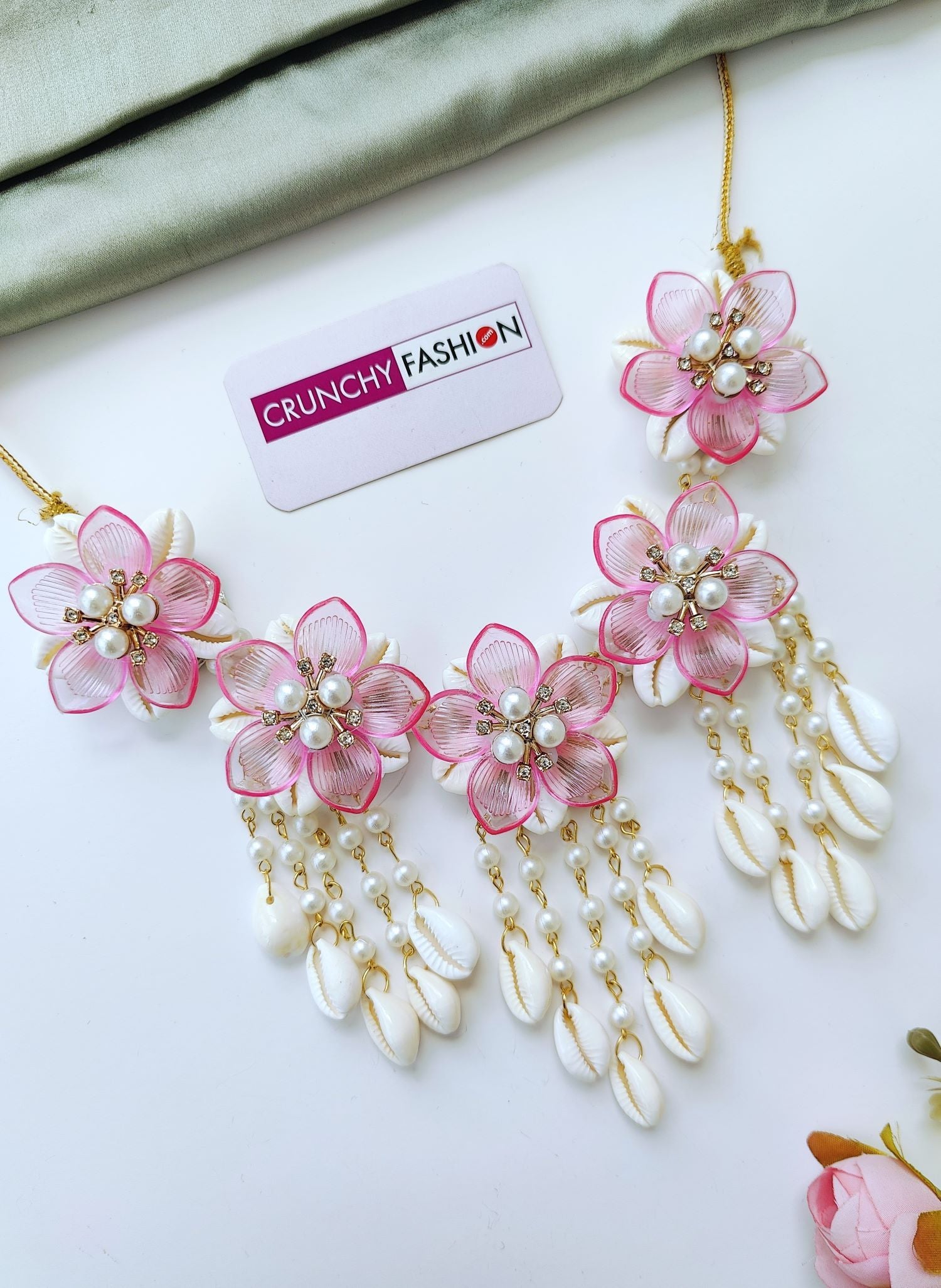 pink acrylic sea shell jewellery set for haldi mehndi, handmade