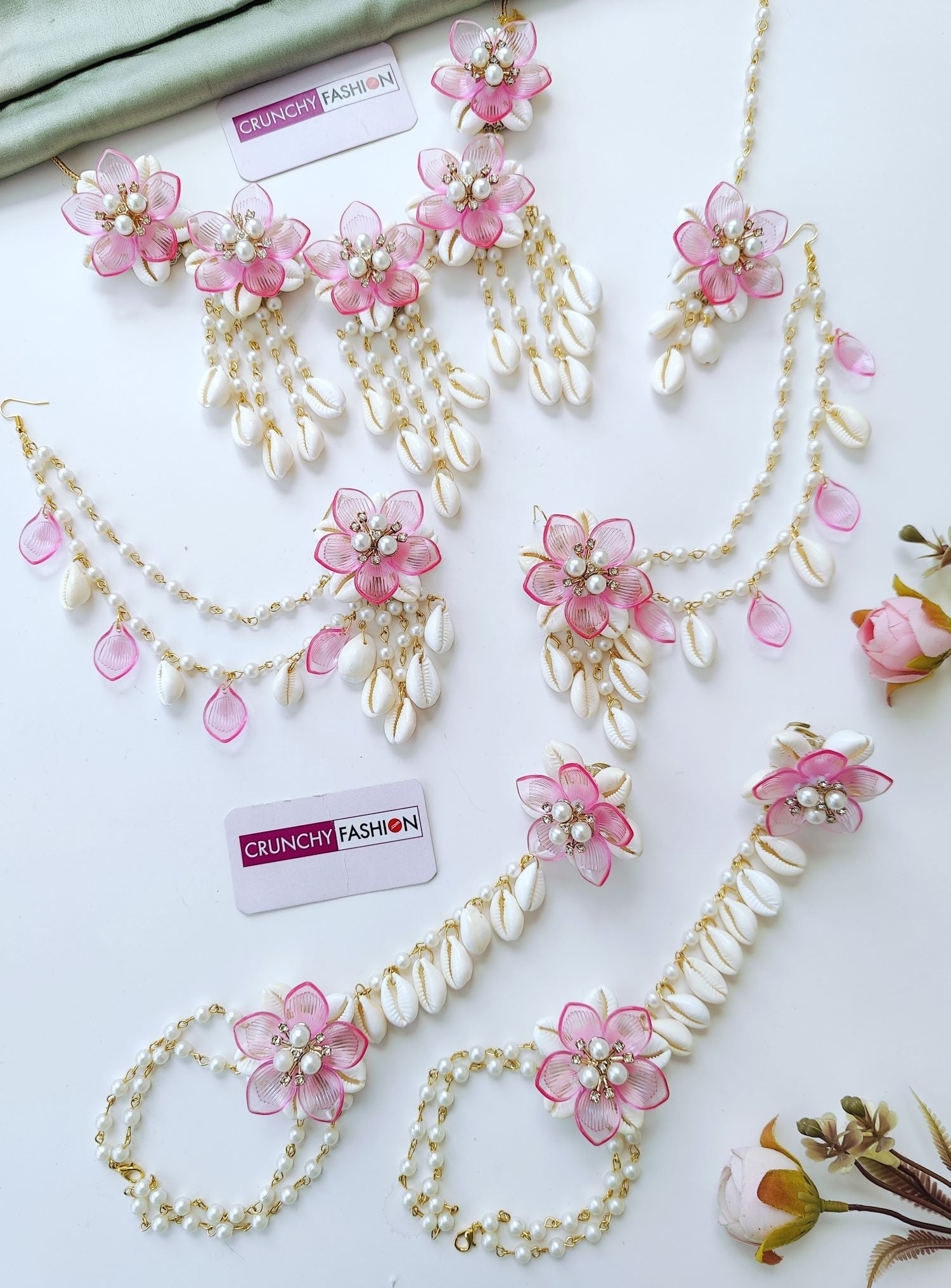 pink acrylic sea shell jewellery set for haldi mehndi, handmade