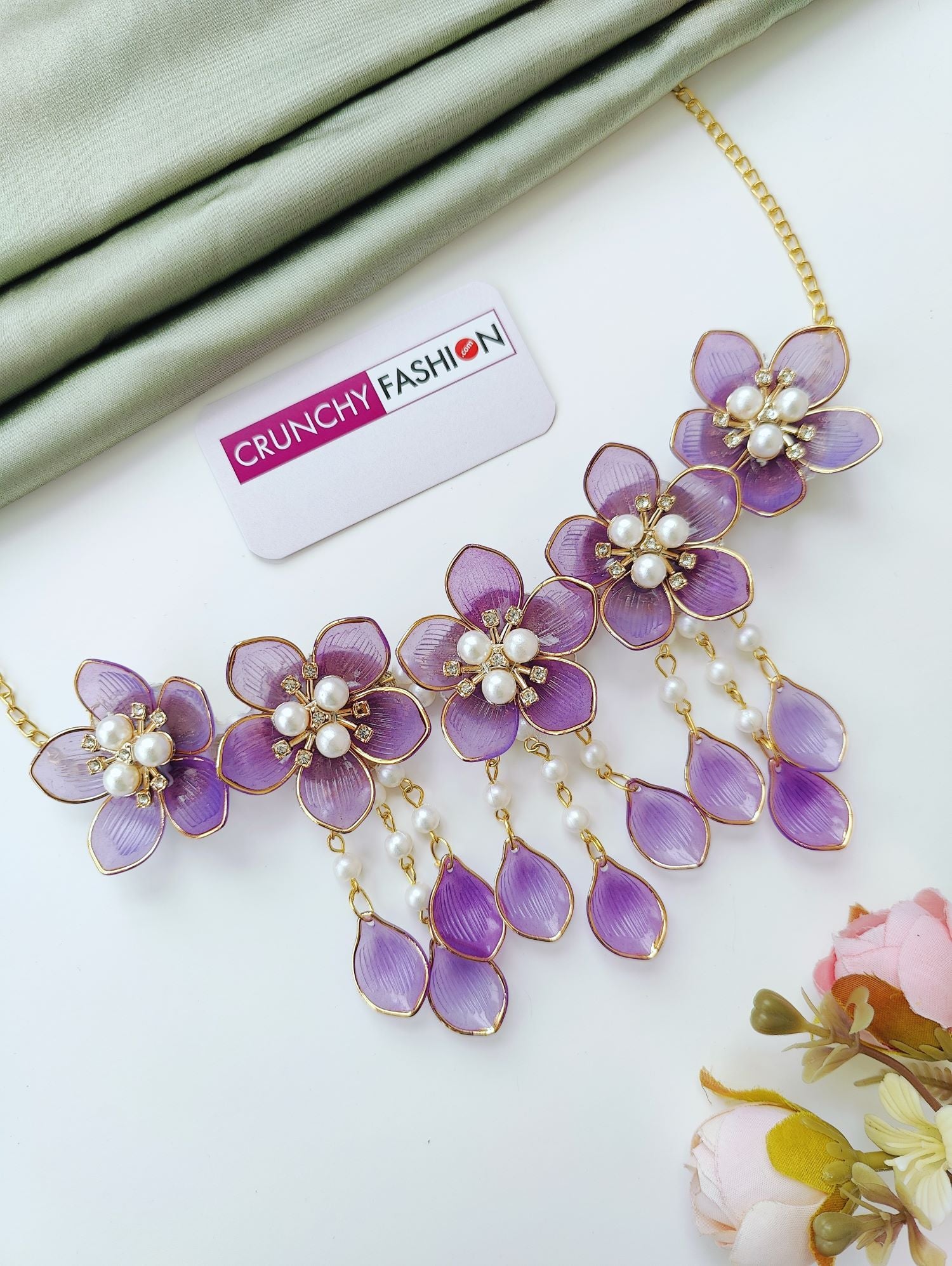 purple acrylic floral jewellery set, lightweight haldi mehndi jewelry