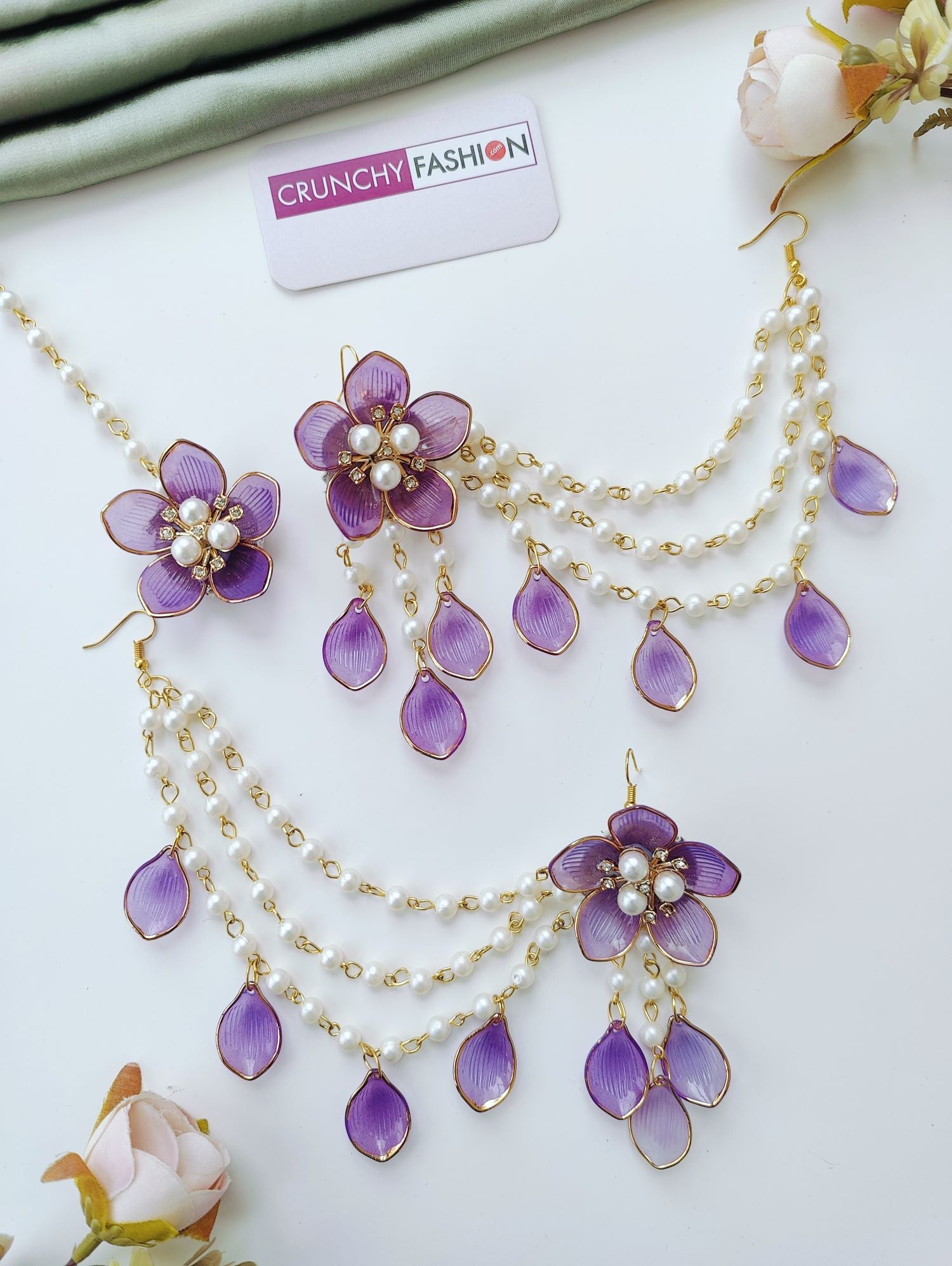 purple acrylic floral jewellery set, lightweight haldi mehndi jewelry