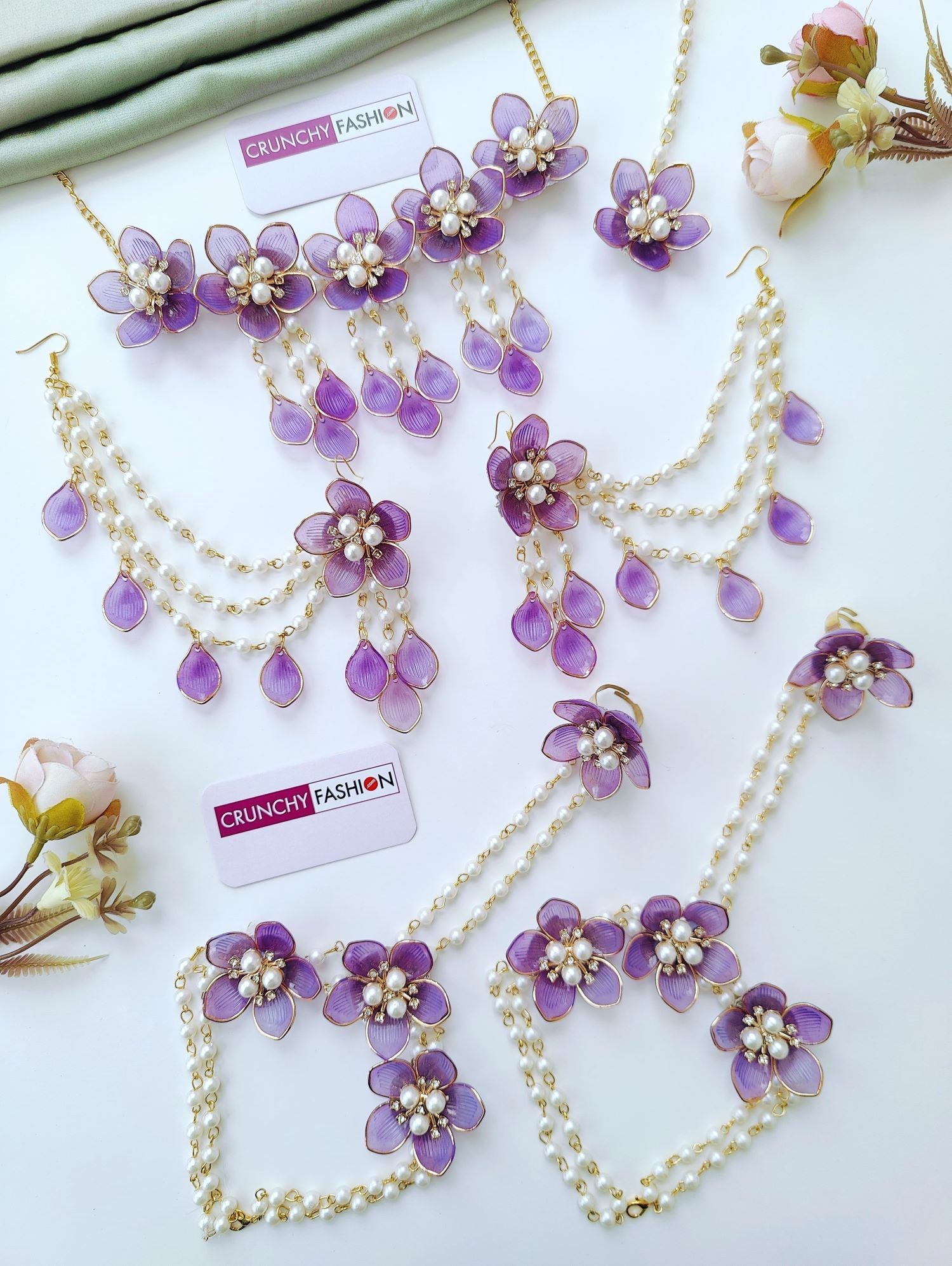 purple acrylic floral jewellery set, lightweight haldi mehndi jewelry