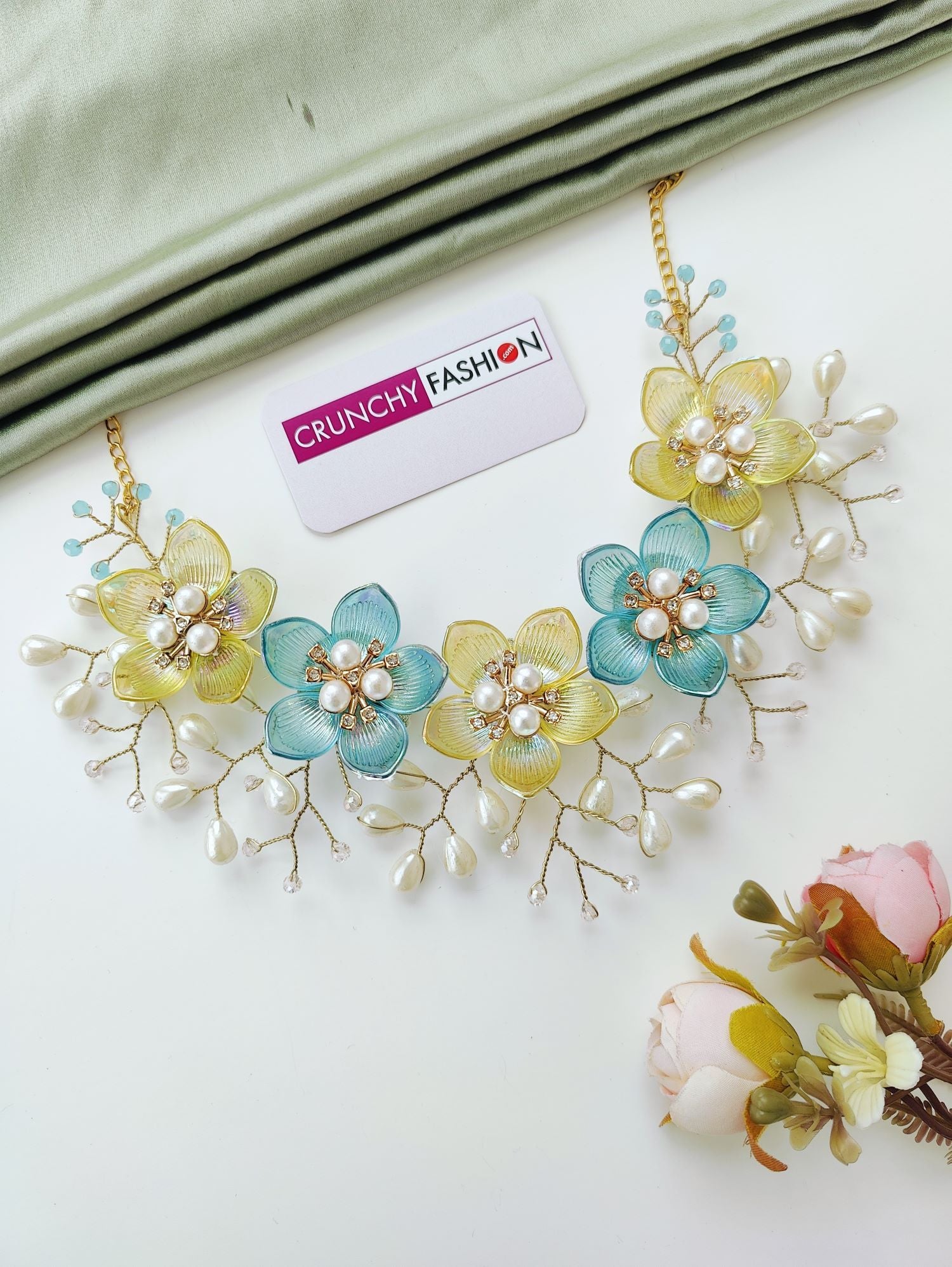 sky blue yellow acrylic flower jewellery set, handmade haldi mehndi