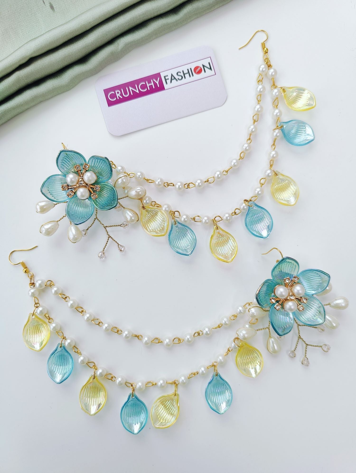 sky blue yellow acrylic flower jewellery set, handmade haldi mehndi