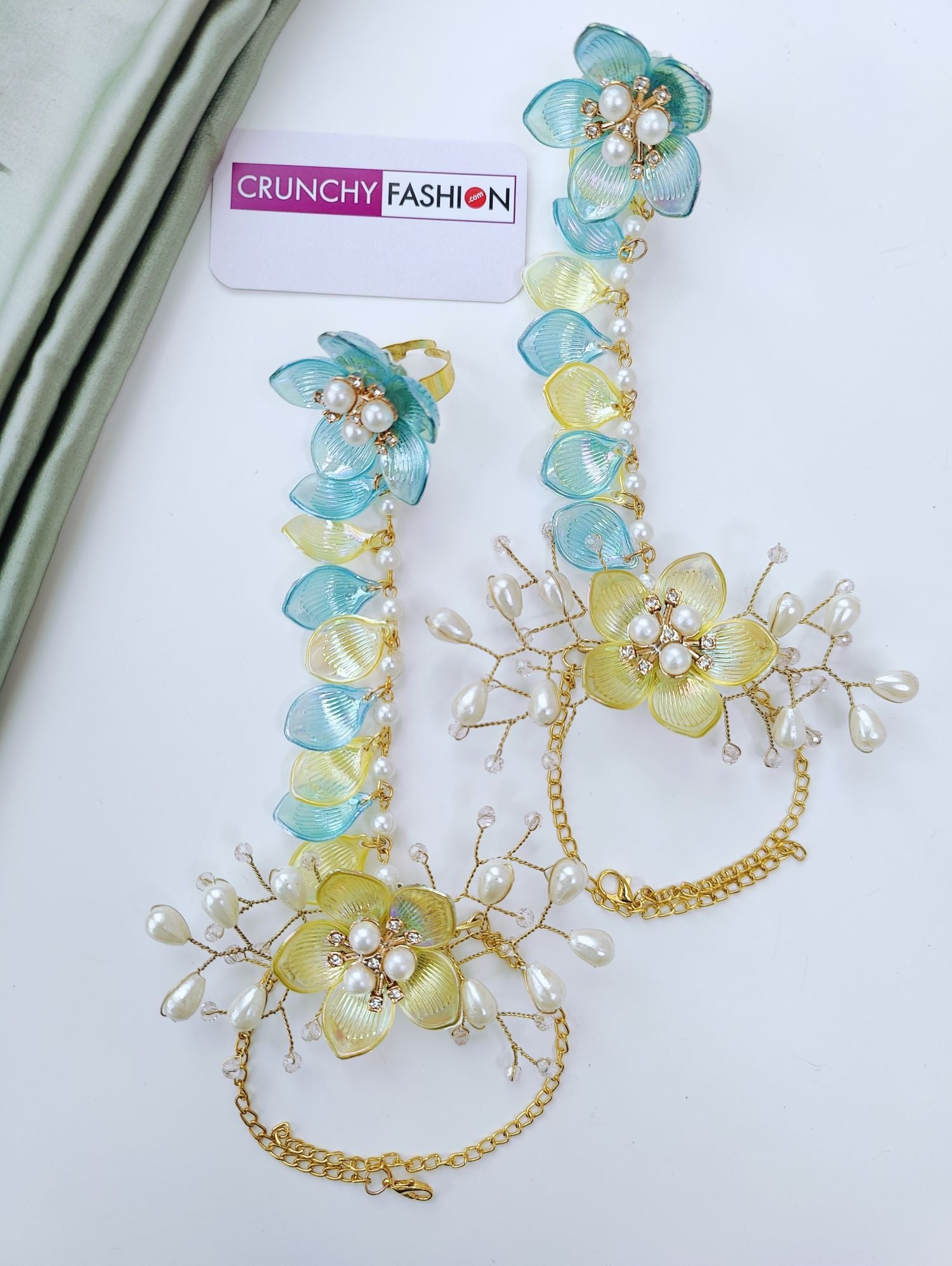 sky blue yellow acrylic flower jewellery set, handmade haldi mehndi