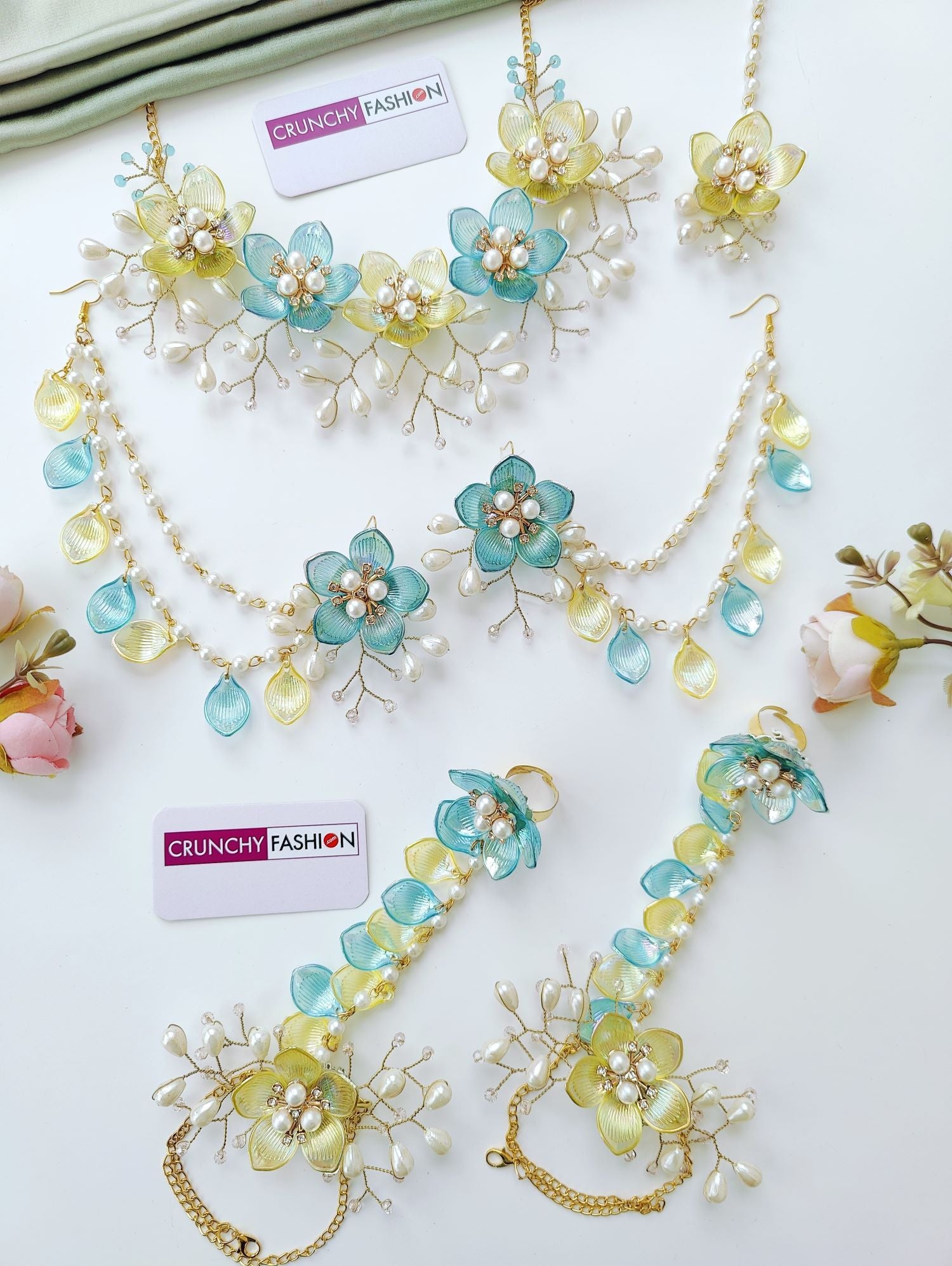 sky blue yellow acrylic flower jewellery set, handmade haldi mehndi