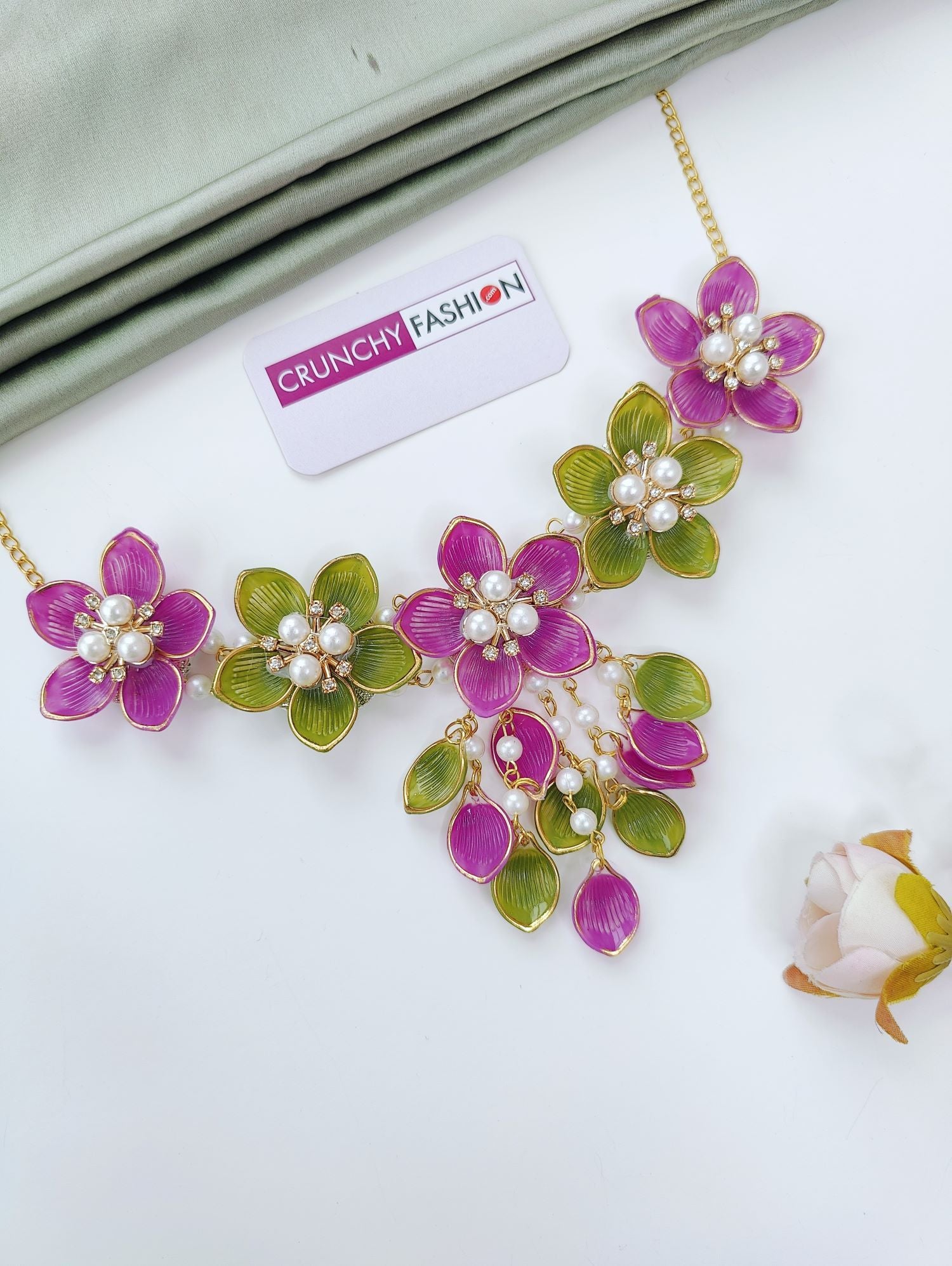 purple and green acrylic floral jewellery set, lightweight haldi mehndi jewelry