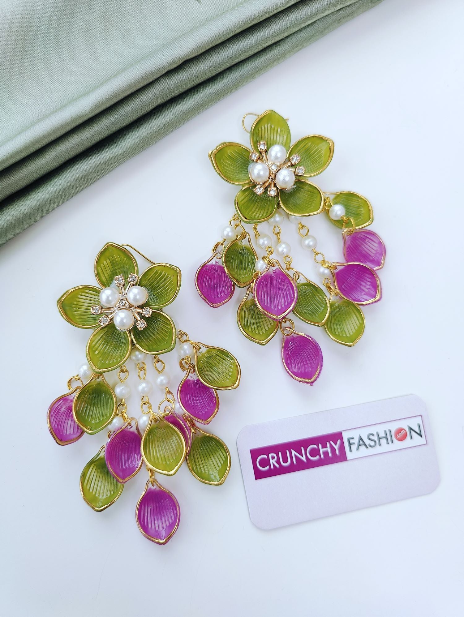 purple and green acrylic floral jewellery set, lightweight haldi mehndi jewelry