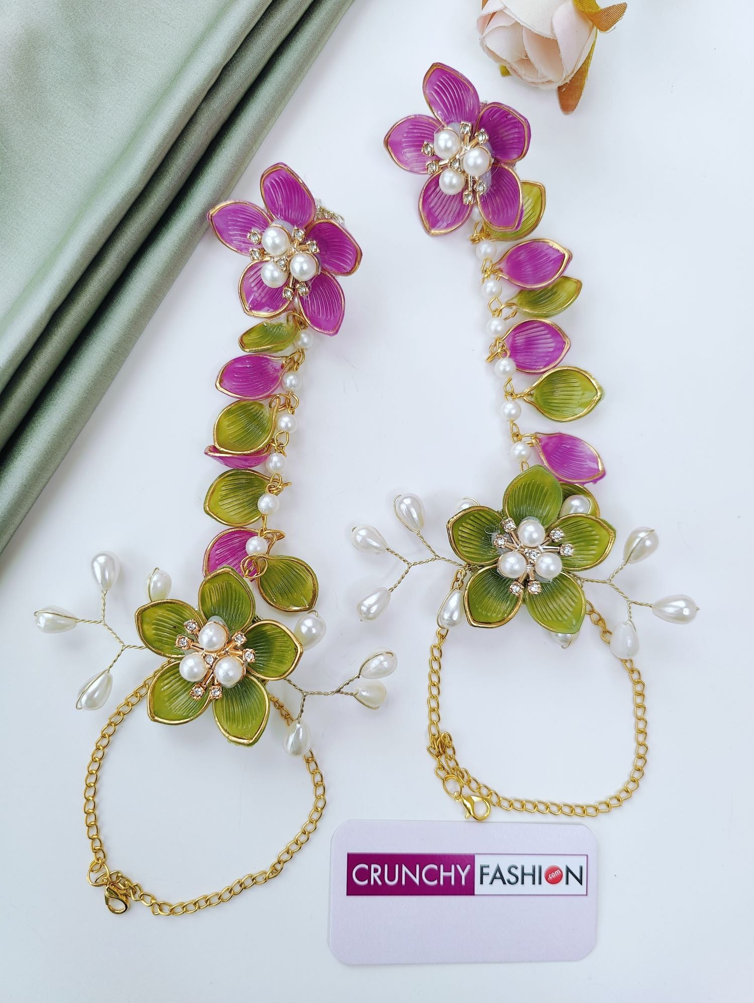 purple and green acrylic floral jewellery set, lightweight haldi mehndi jewelry