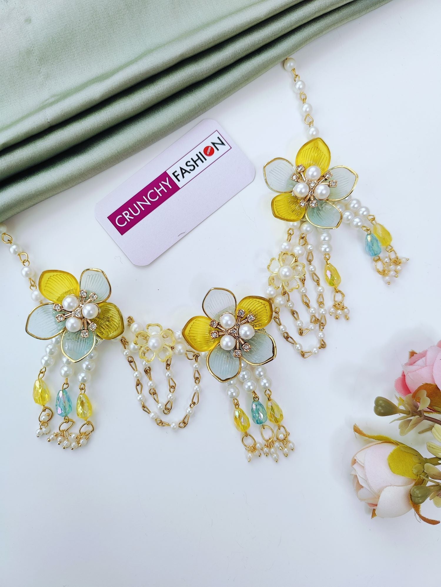 powder blue floral jewellery set with yellow handmade acrylic flowers