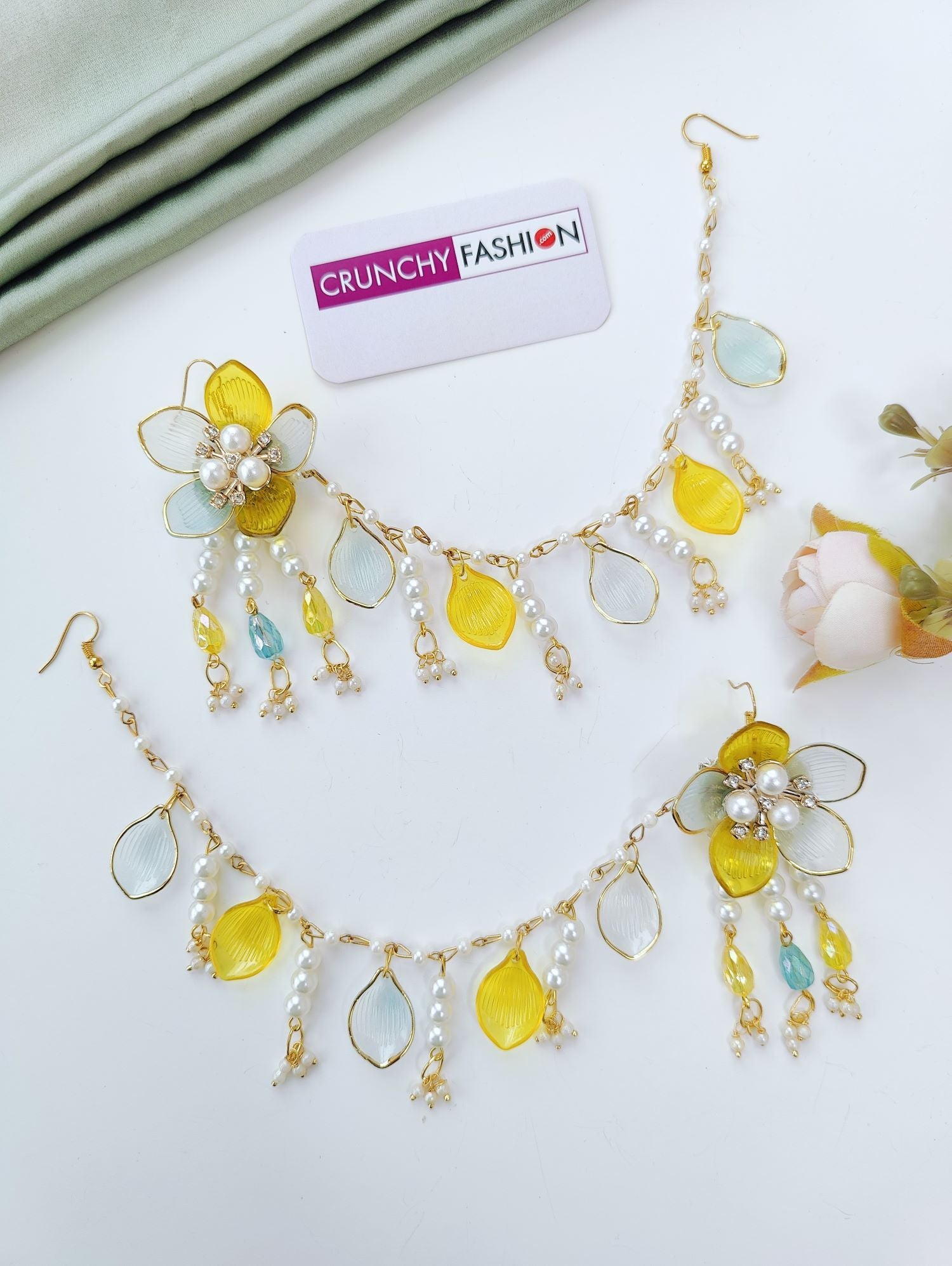 powder blue floral jewellery set with yellow handmade acrylic flowers