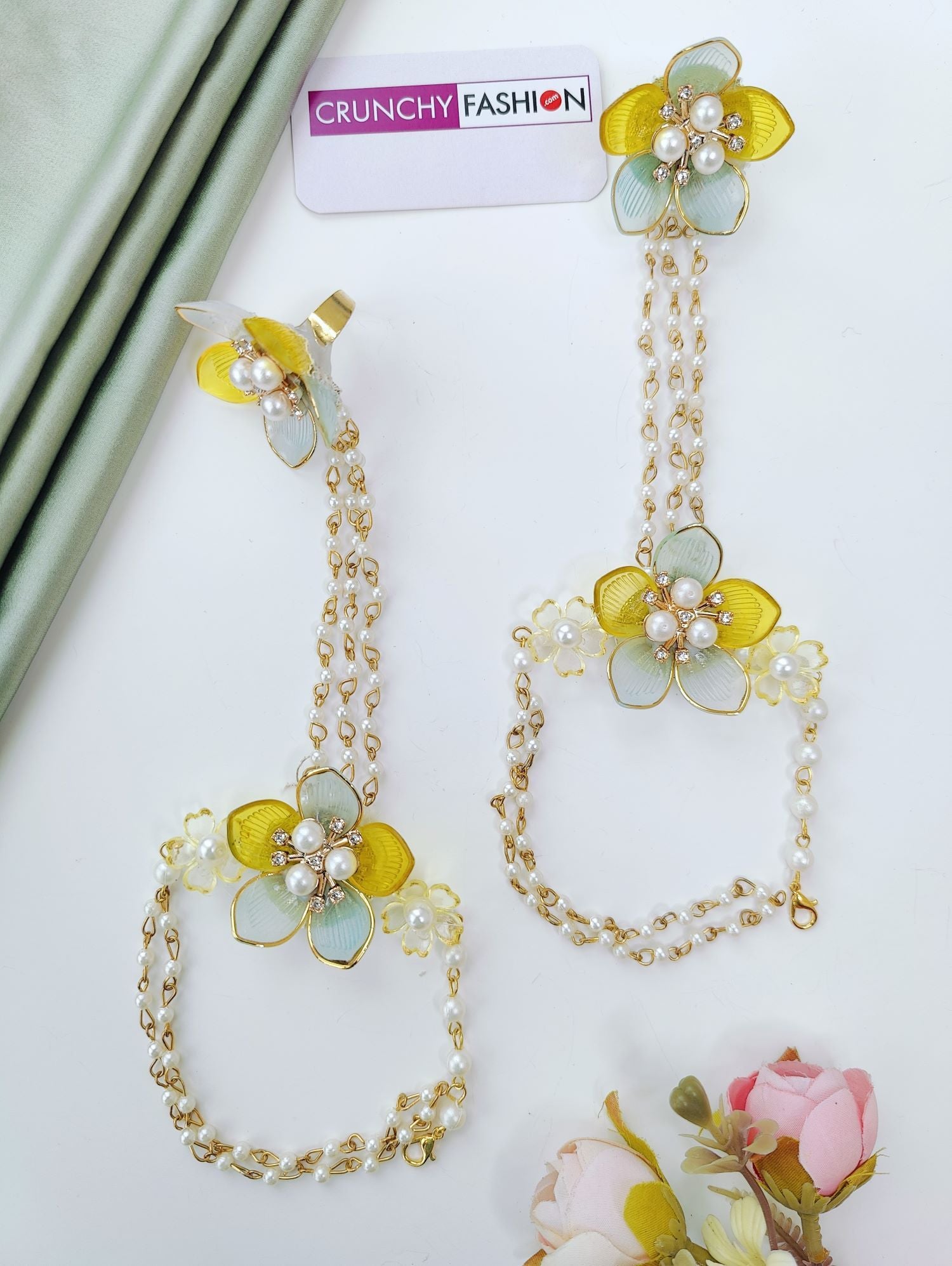 powder blue floral jewellery set with yellow handmade acrylic flowers