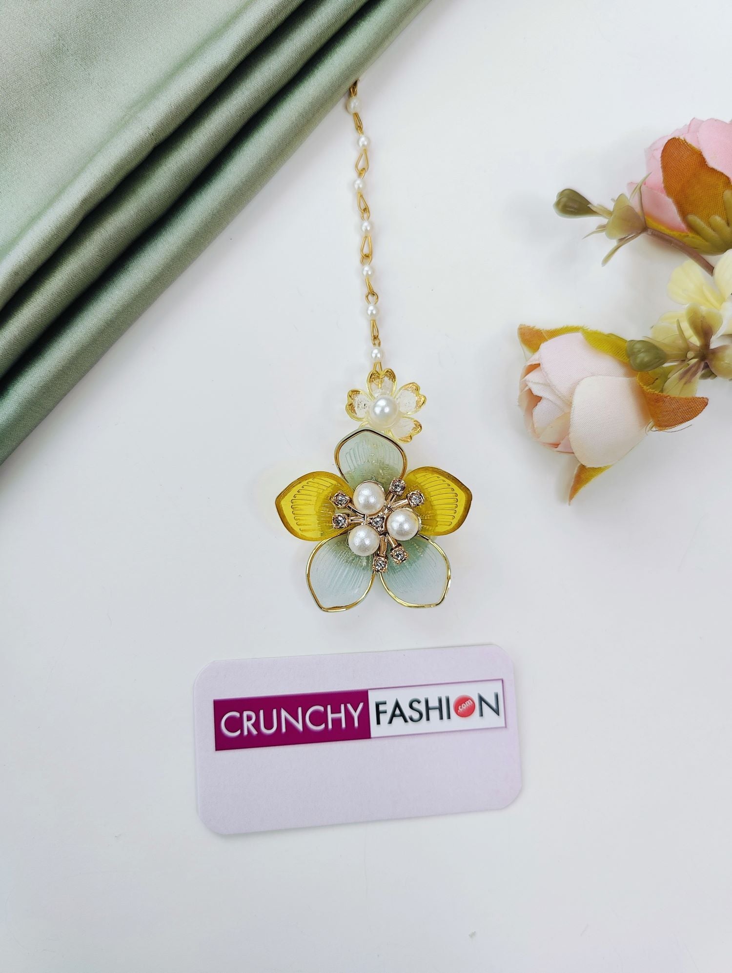 powder blue floral jewellery set with yellow handmade acrylic flowers