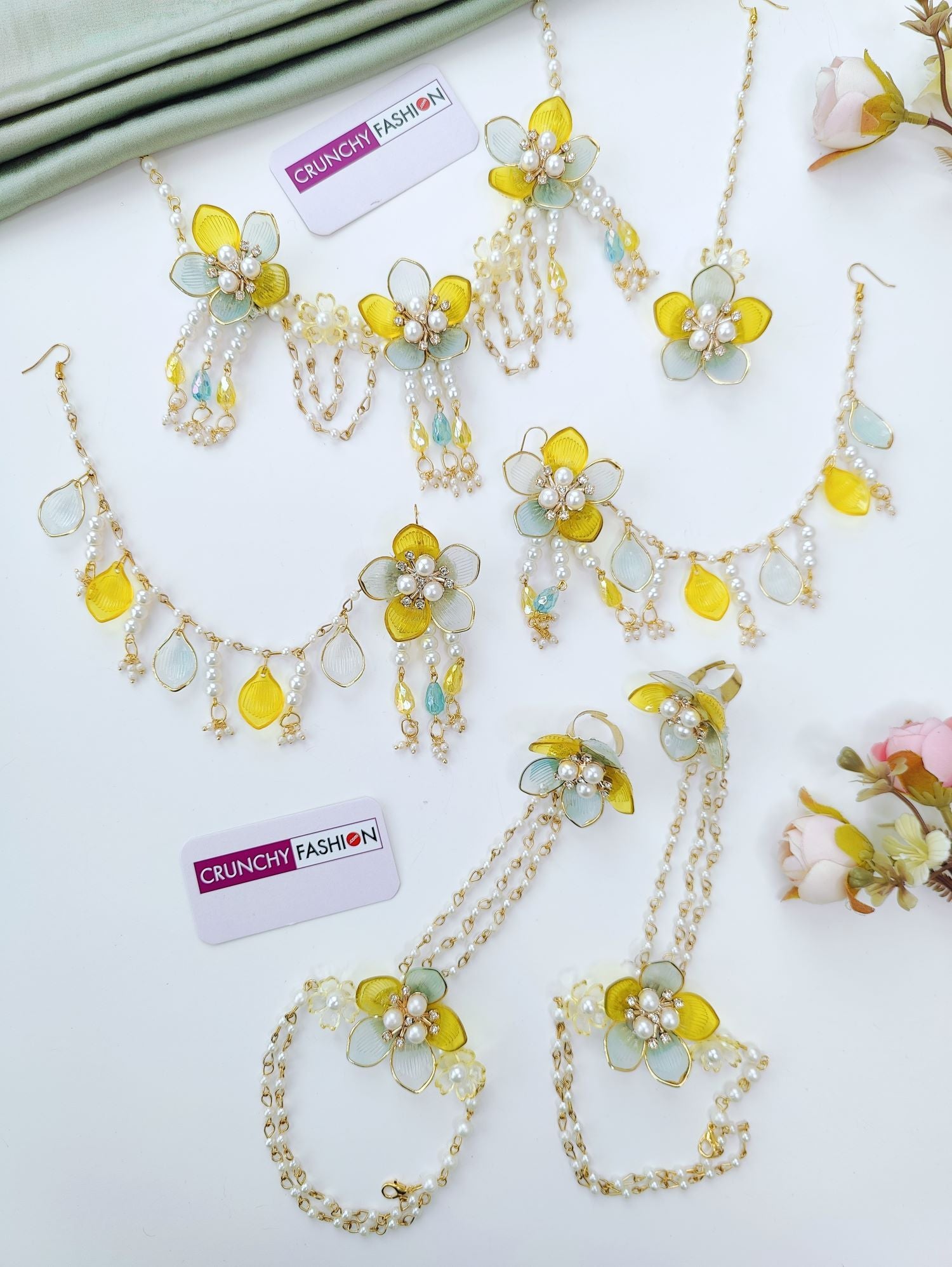 powder blue floral jewellery set with yellow handmade acrylic flowers