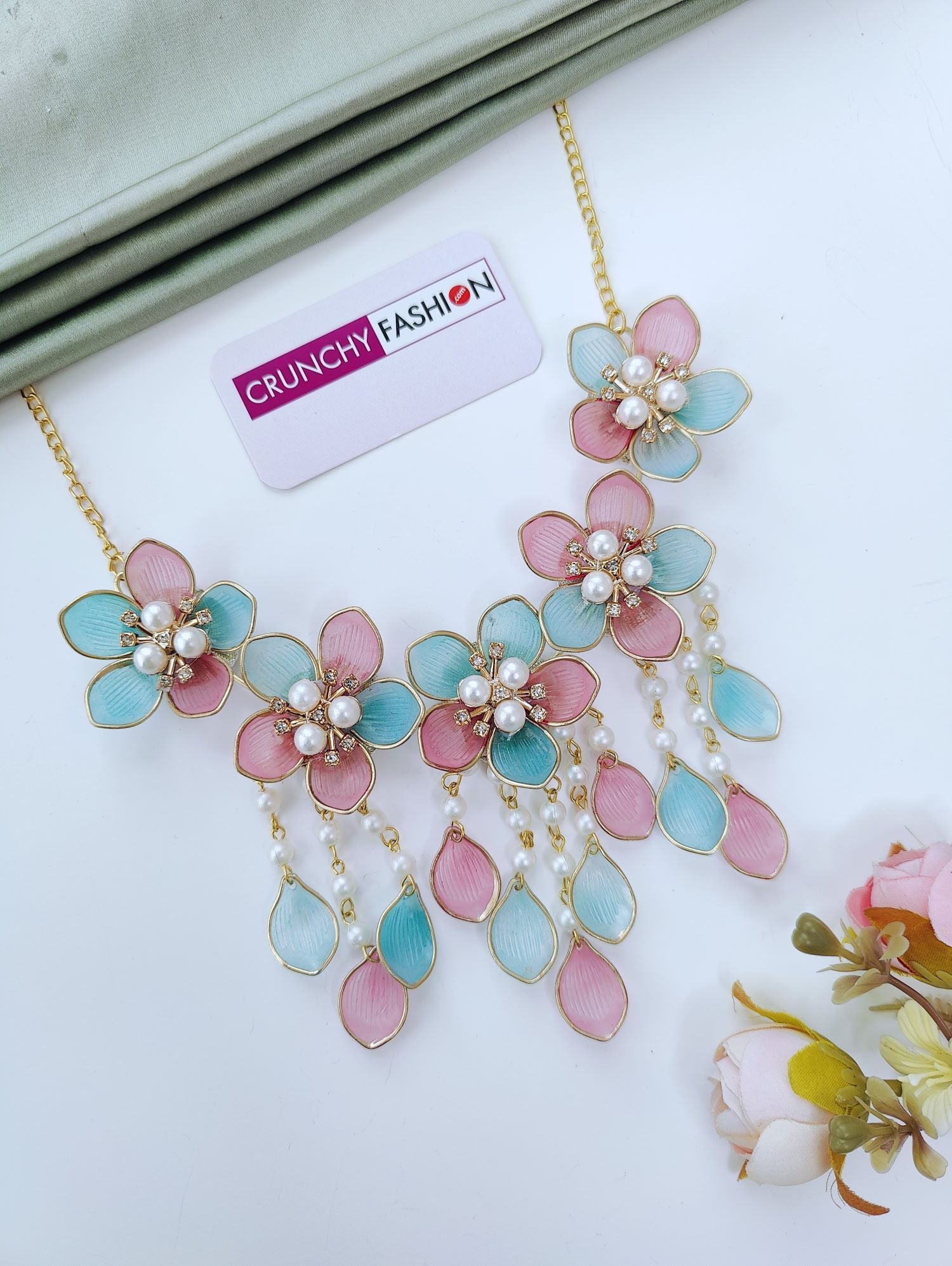 pink and powder blue handmade floral acrylic jewellery haldi set