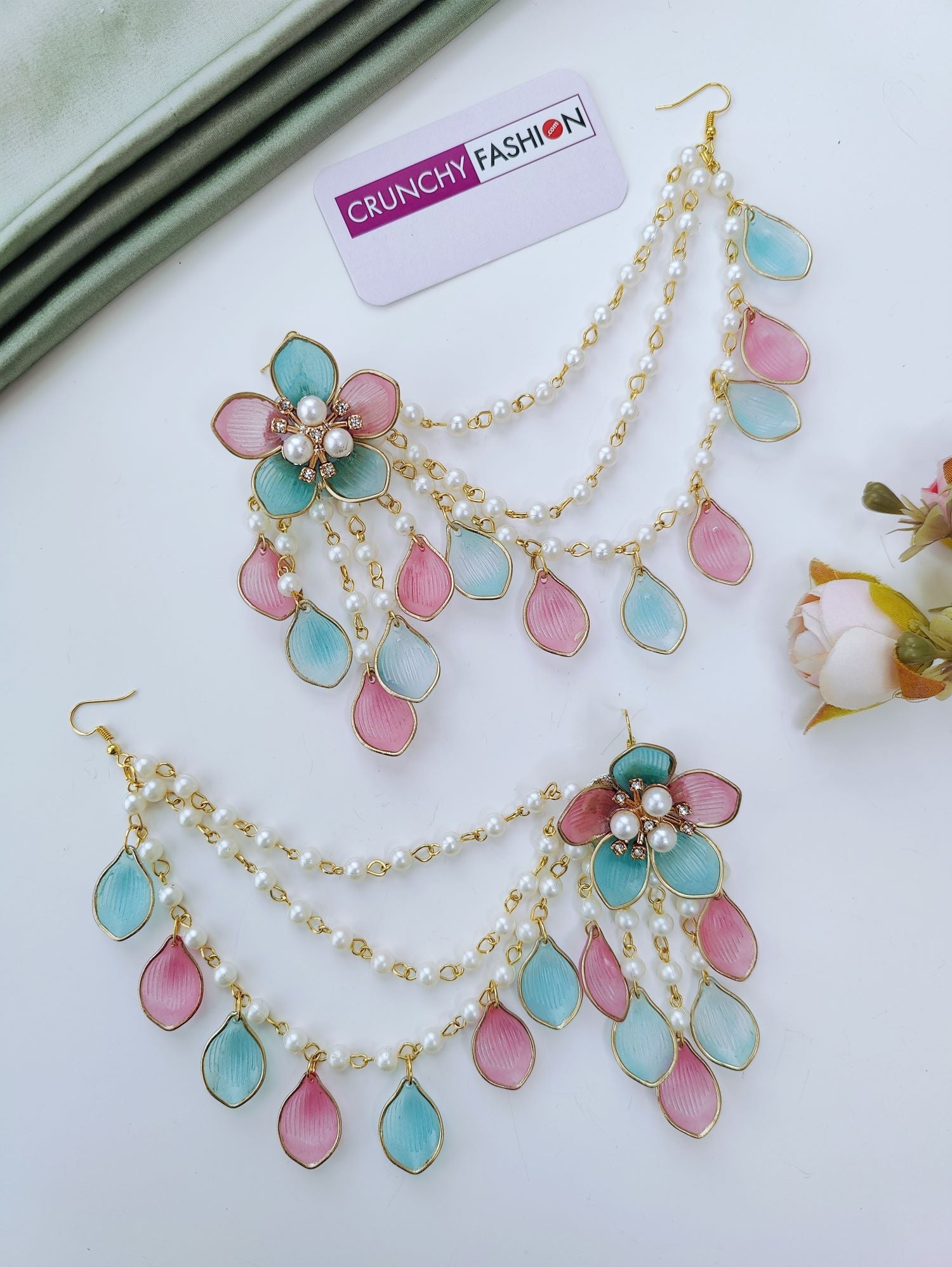 pink and powder blue handmade floral acrylic jewellery haldi set