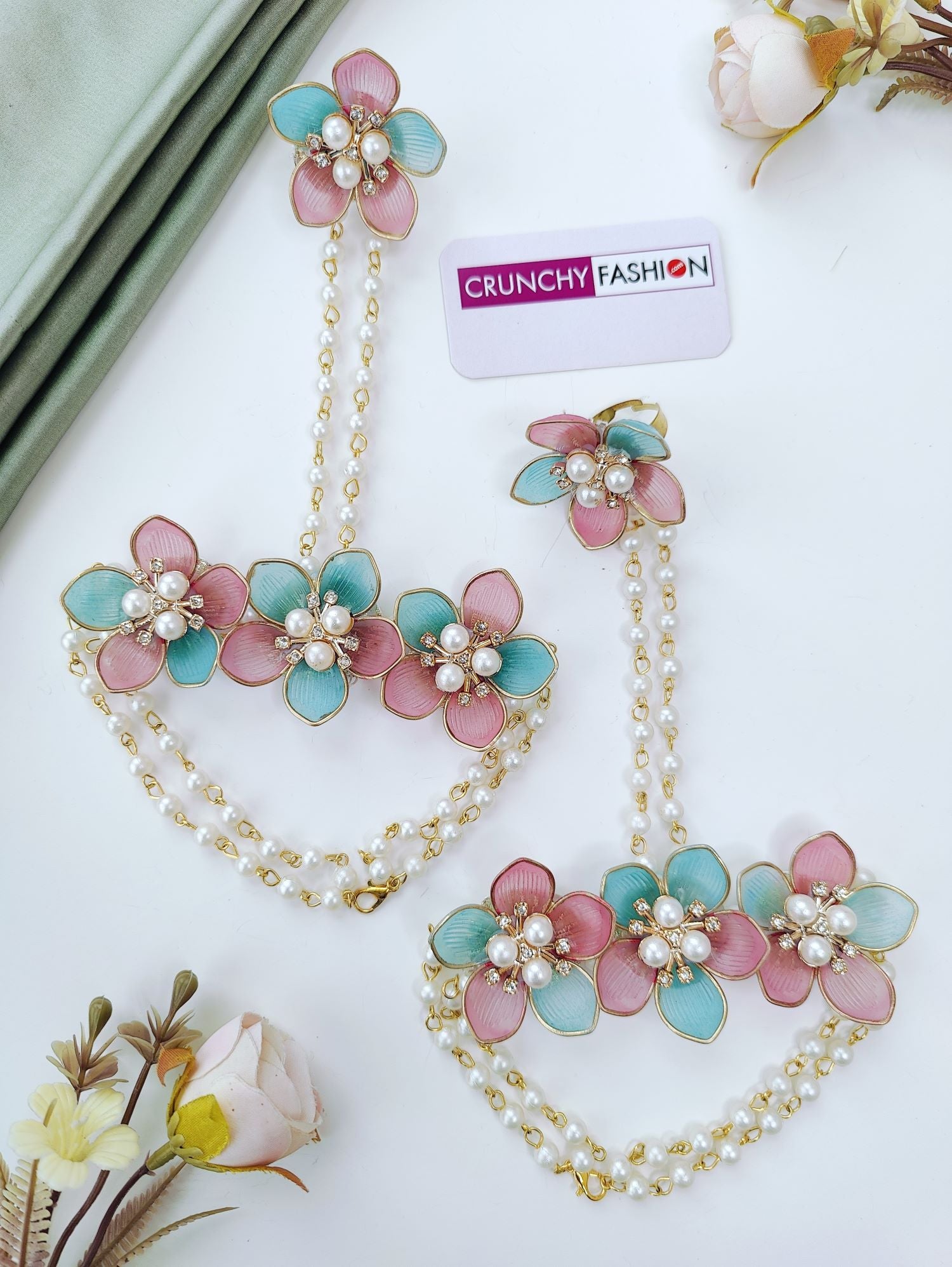 pink and powder blue handmade floral acrylic jewellery haldi set
