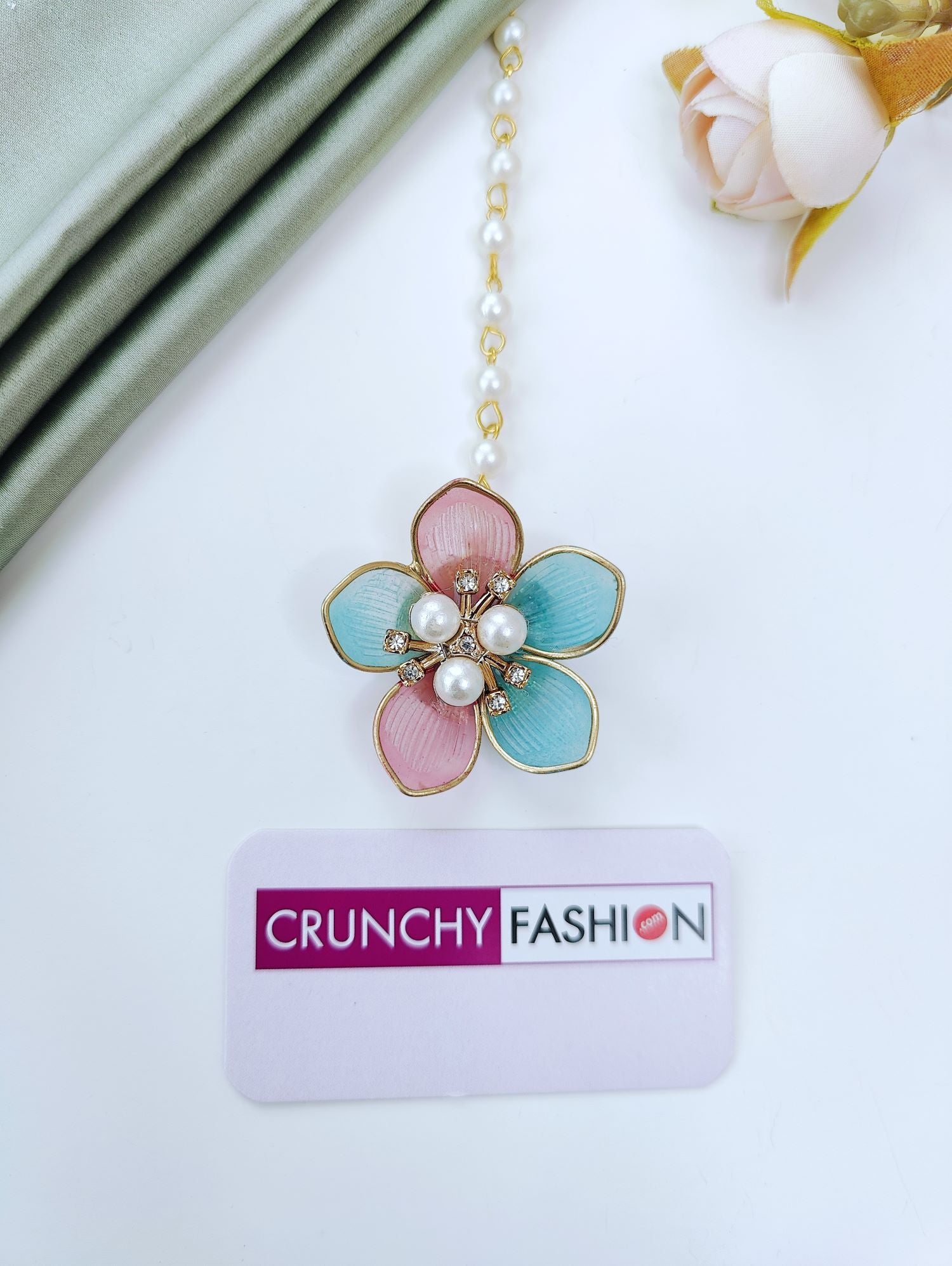 pink and powder blue handmade floral acrylic jewellery haldi set