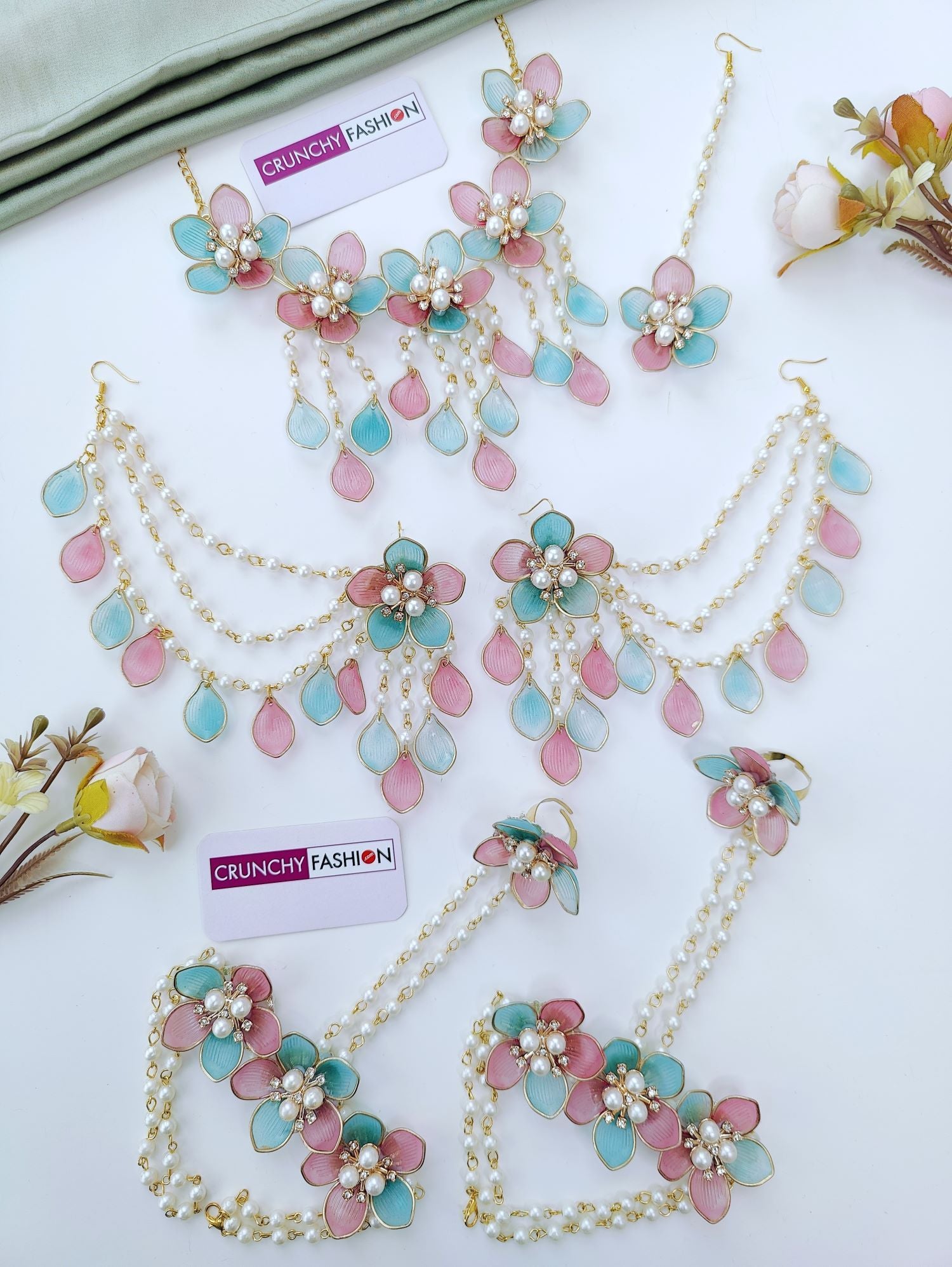 pink and powder blue handmade floral acrylic jewellery haldi set