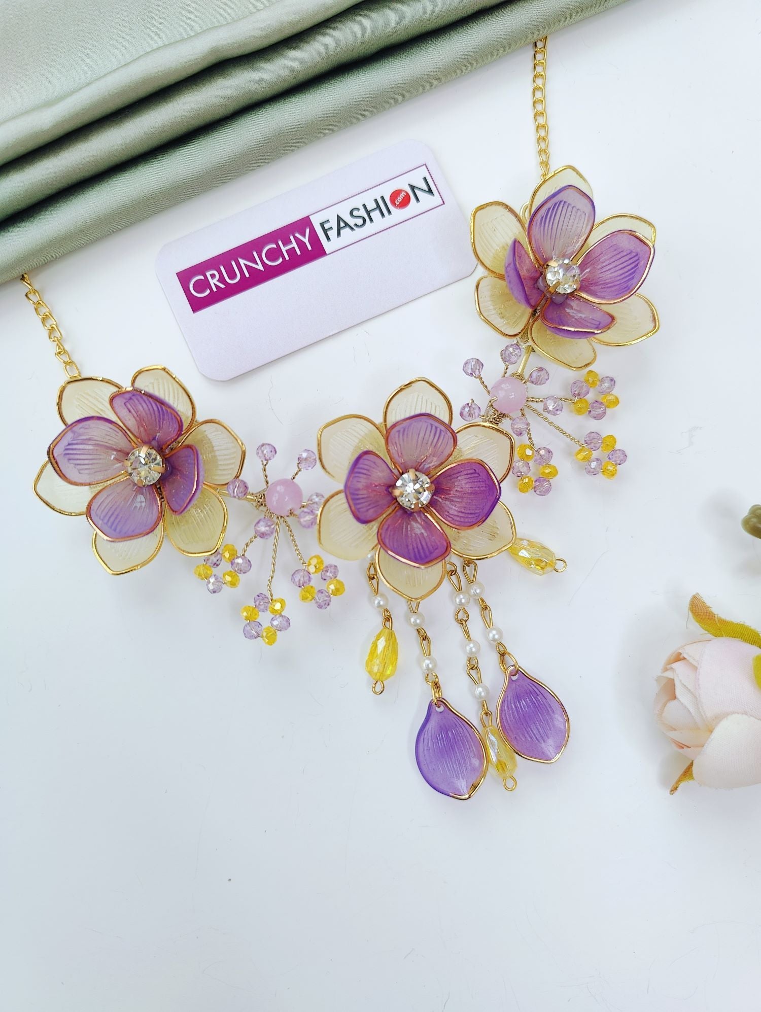 yellow colour purple set floral jewellery, handmade pearl haldi mehndi