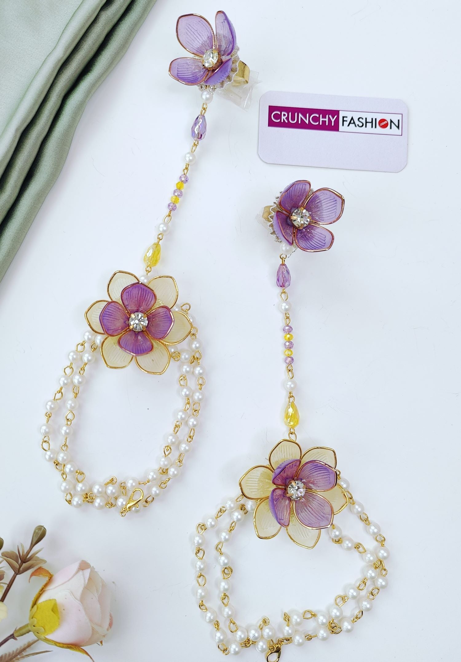 yellow colour purple set floral jewellery, handmade pearl haldi mehndi