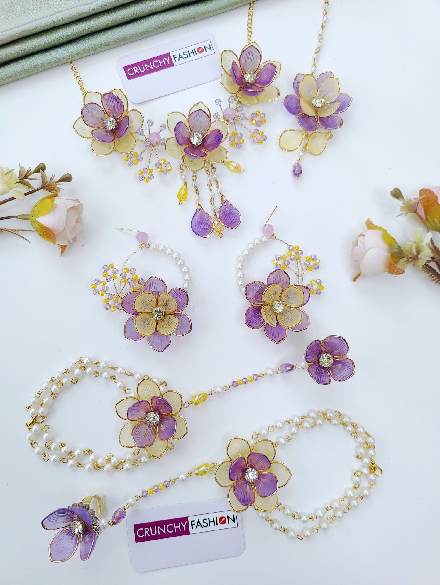 yellow colour purple set floral jewellery, handmade pearl haldi mehndi
