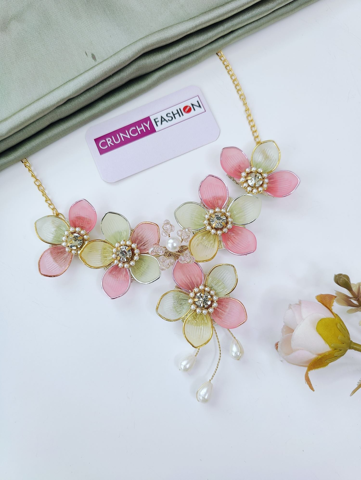 pink mint green floral jewellery set with kaliras, haldi mehndi