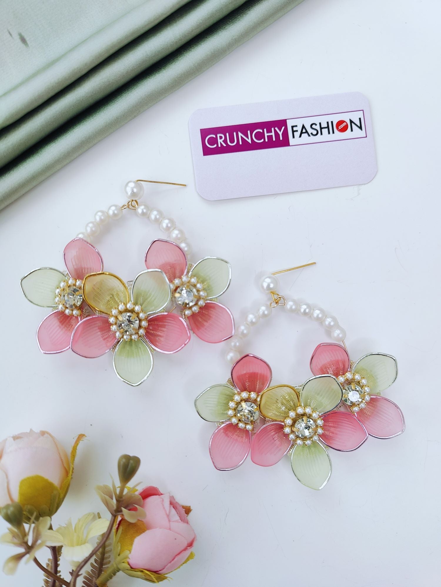 pink mint green floral jewellery set with kaliras, haldi mehndi