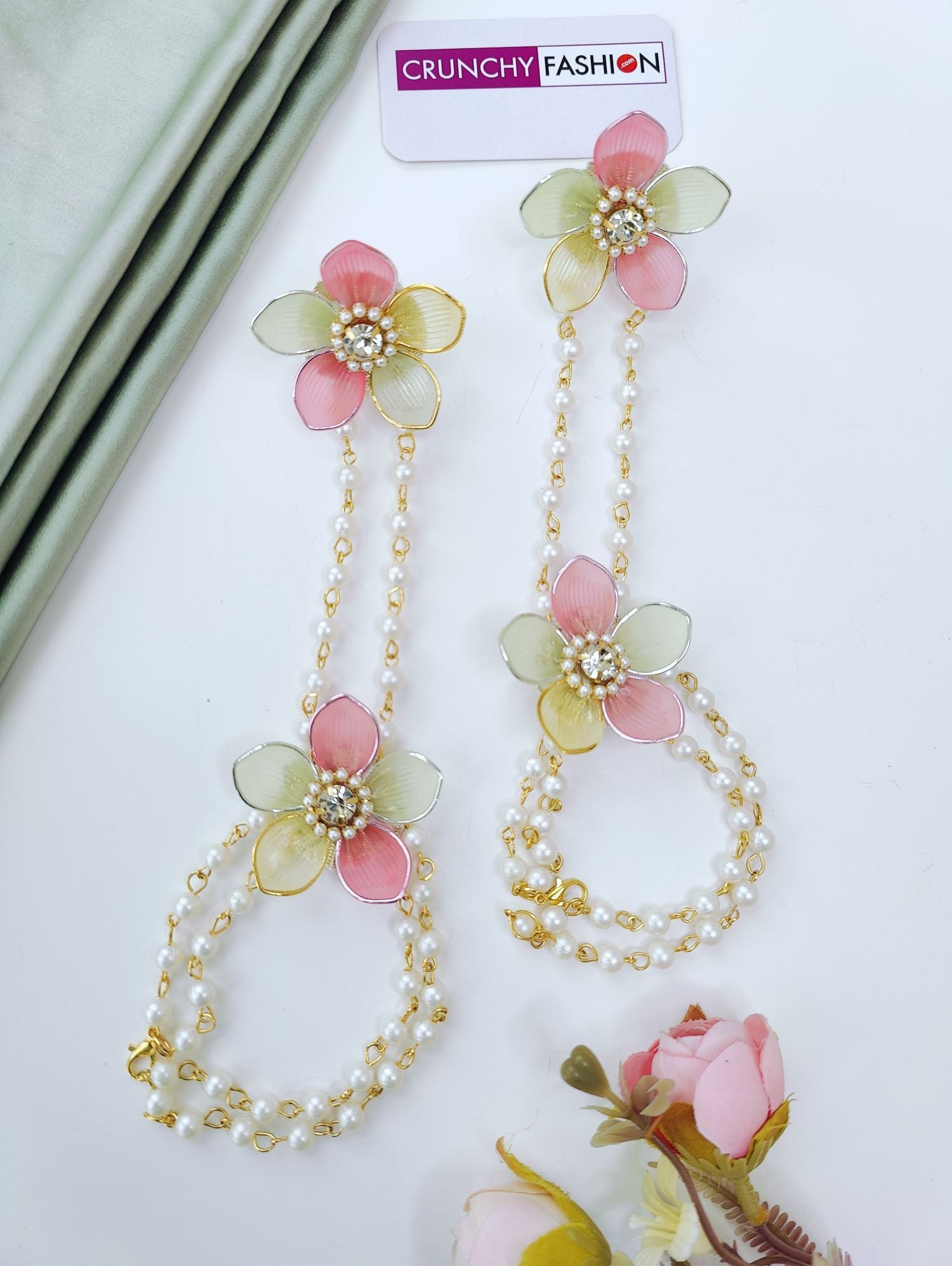 pink mint green floral jewellery set with kaliras, haldi mehndi