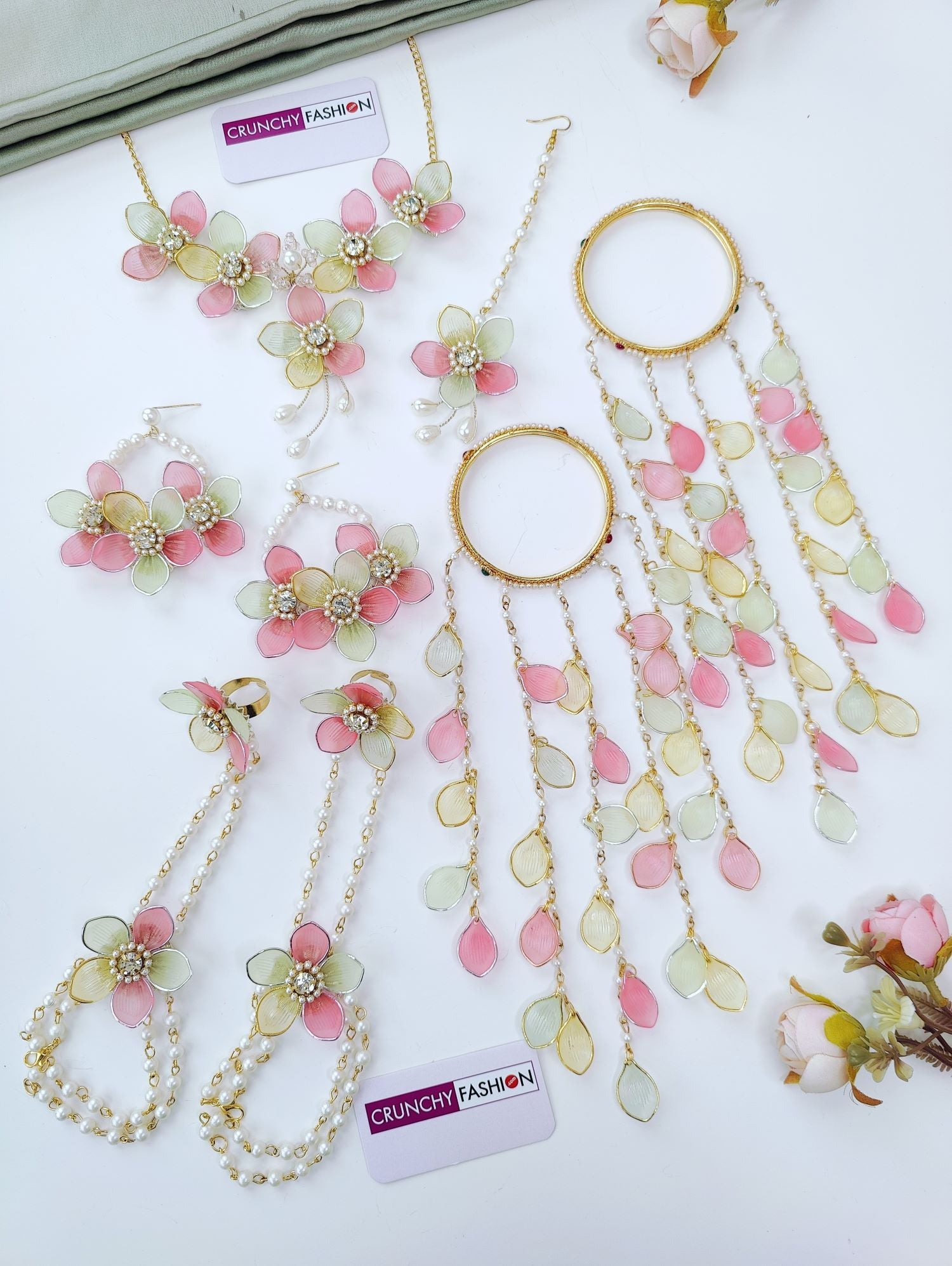 pink mint green floral jewellery set with kaliras, haldi mehndi