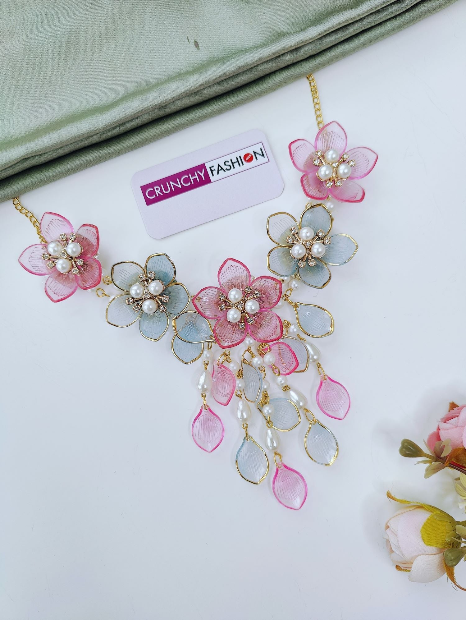 pink and powder blue acrylic floral jewellery set with kaliras