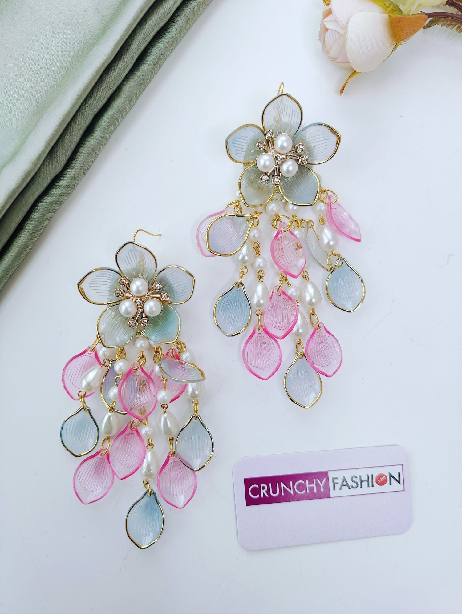 pink and powder blue acrylic floral jewellery set with kaliras