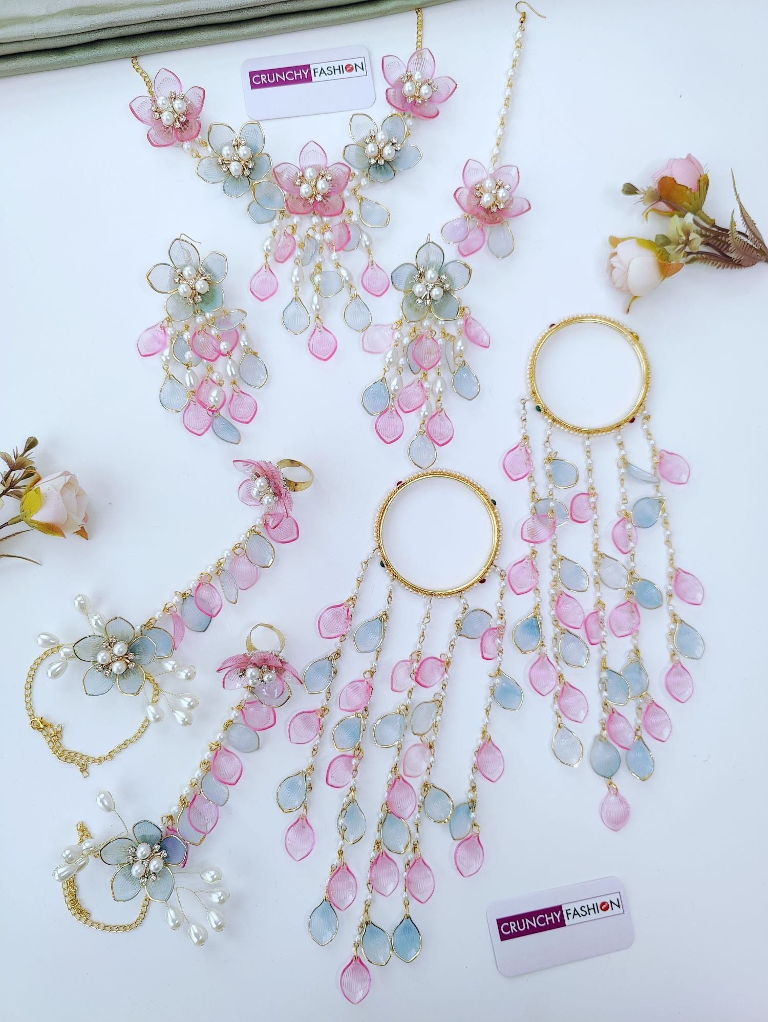 pink and powder blue acrylic floral jewellery set with kaliras