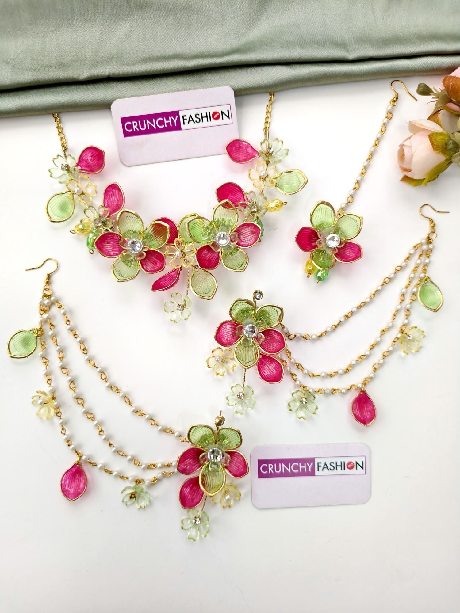 green and pink acrylic floral jewellery set for mehendi 2026