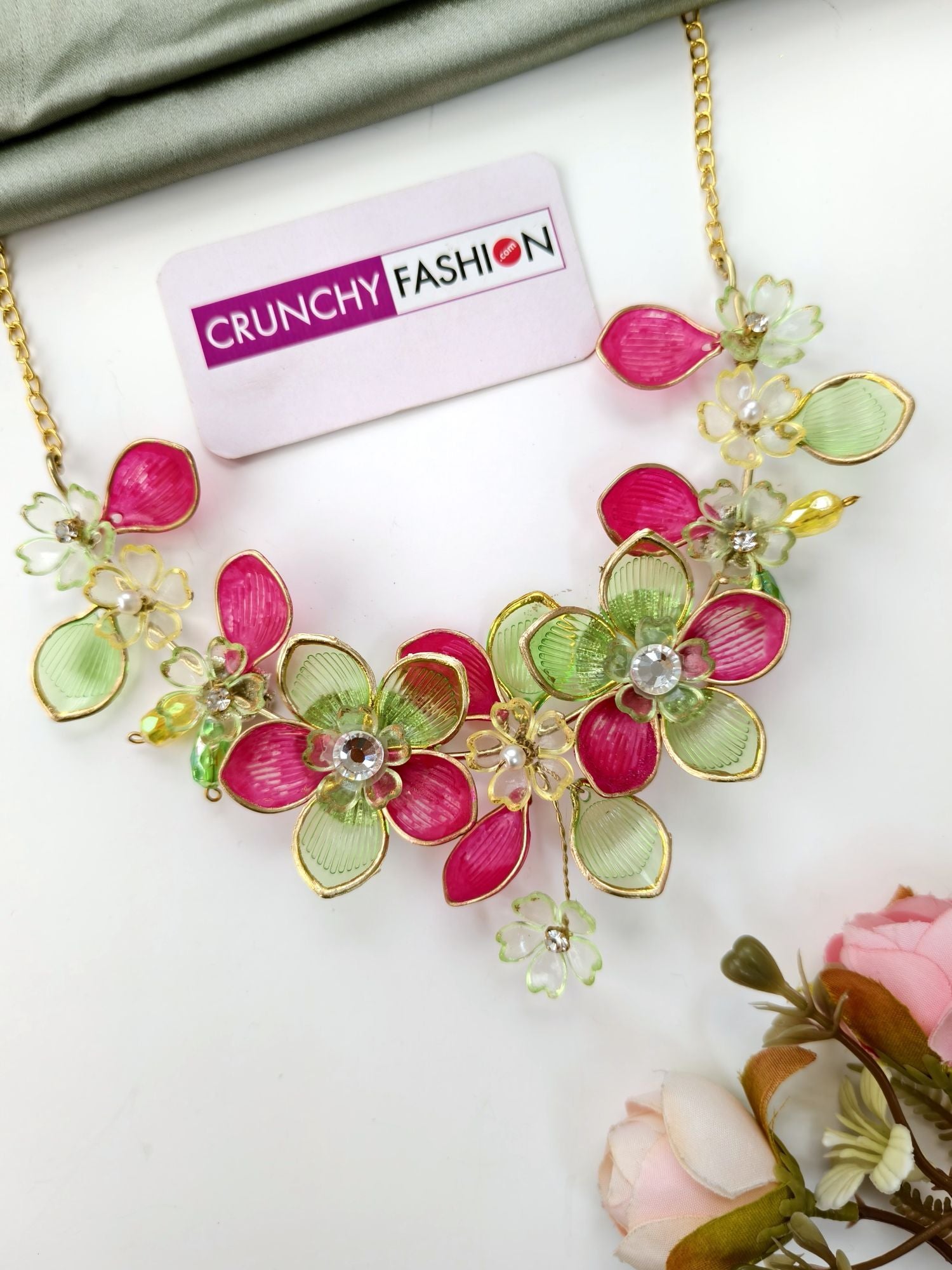 green and pink acrylic floral jewellery set for mehendi 2026