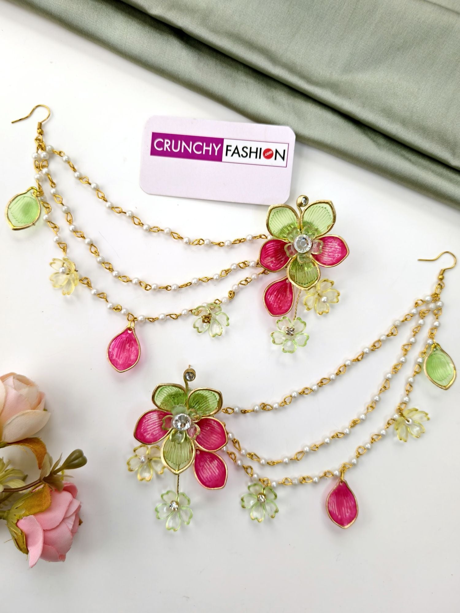 green and pink acrylic floral jewellery set for mehendi 2026