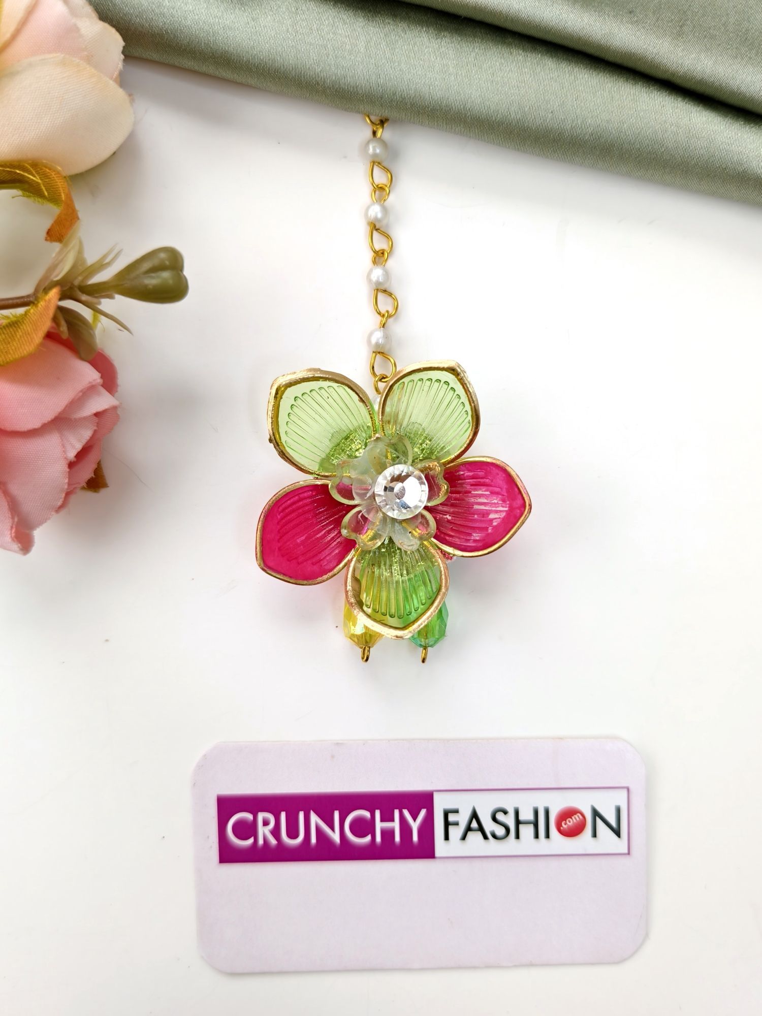 green and pink acrylic floral jewellery set for mehendi 2026