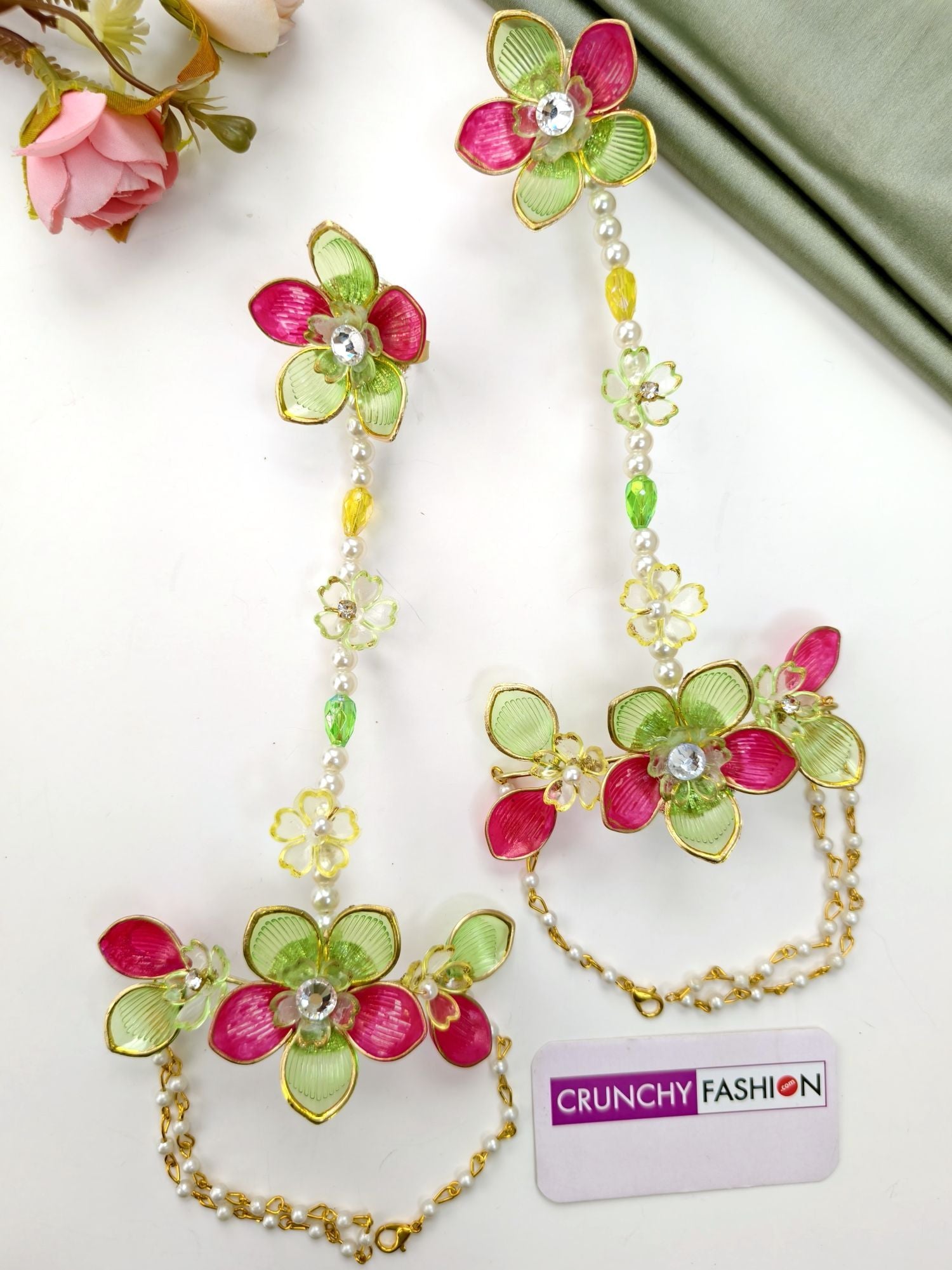 green and pink acrylic floral jewellery set for mehendi 2026