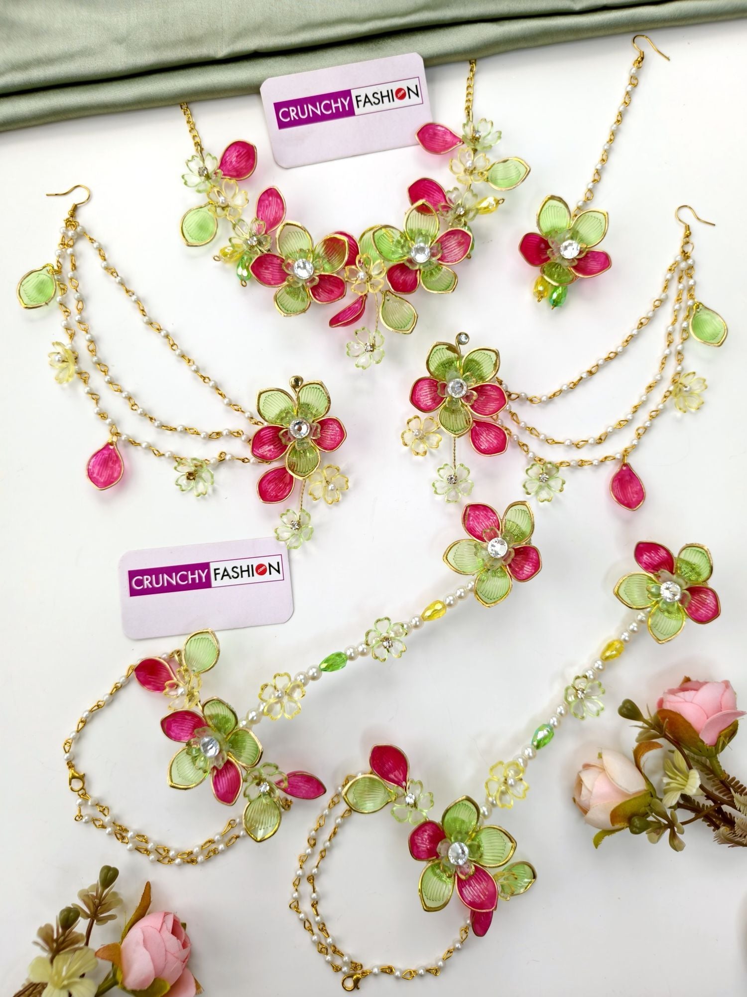 green and pink acrylic floral jewellery set for mehendi 2026