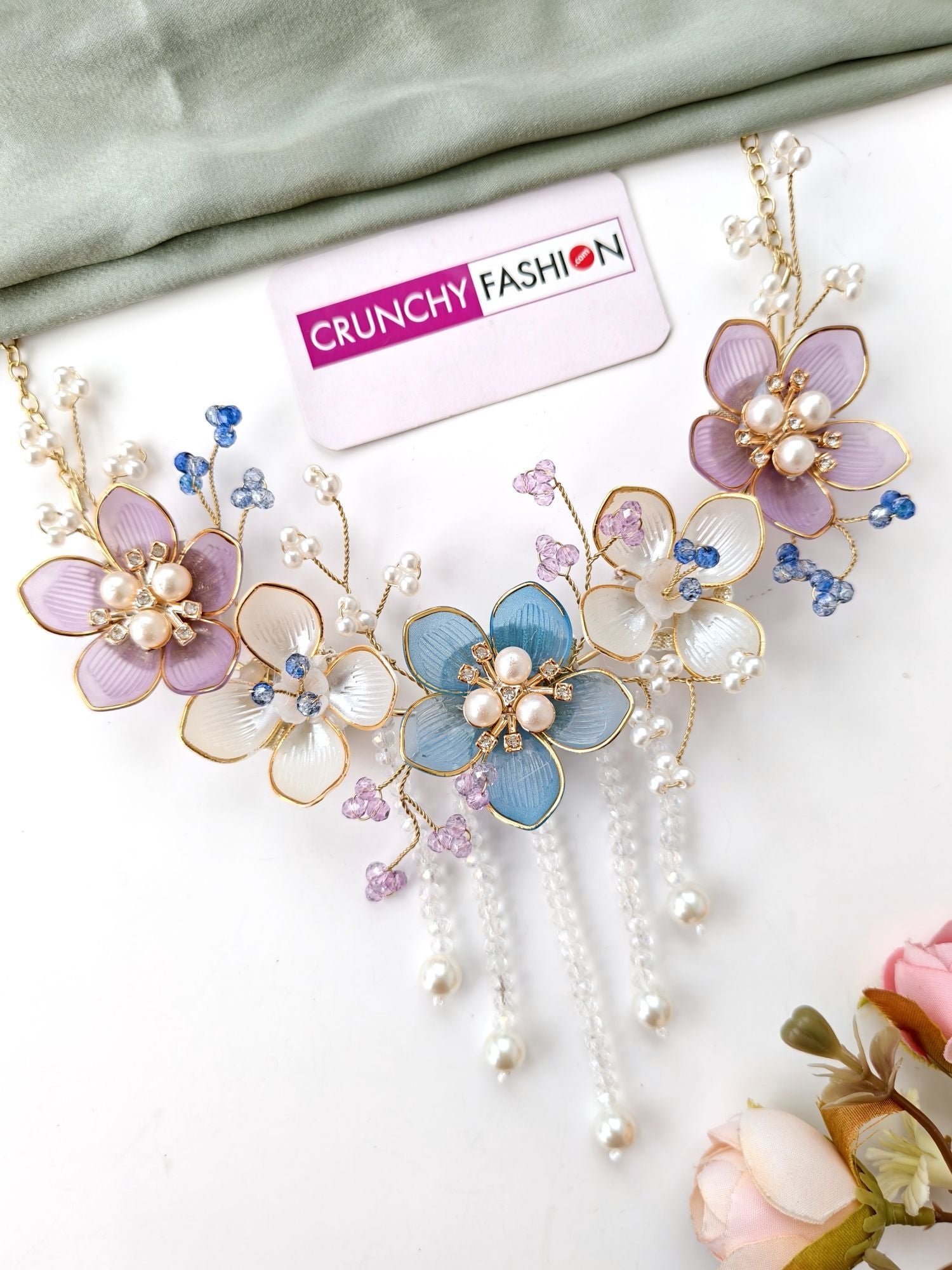 acrylic jewellery set blue white floral haldi mehndi baby shower