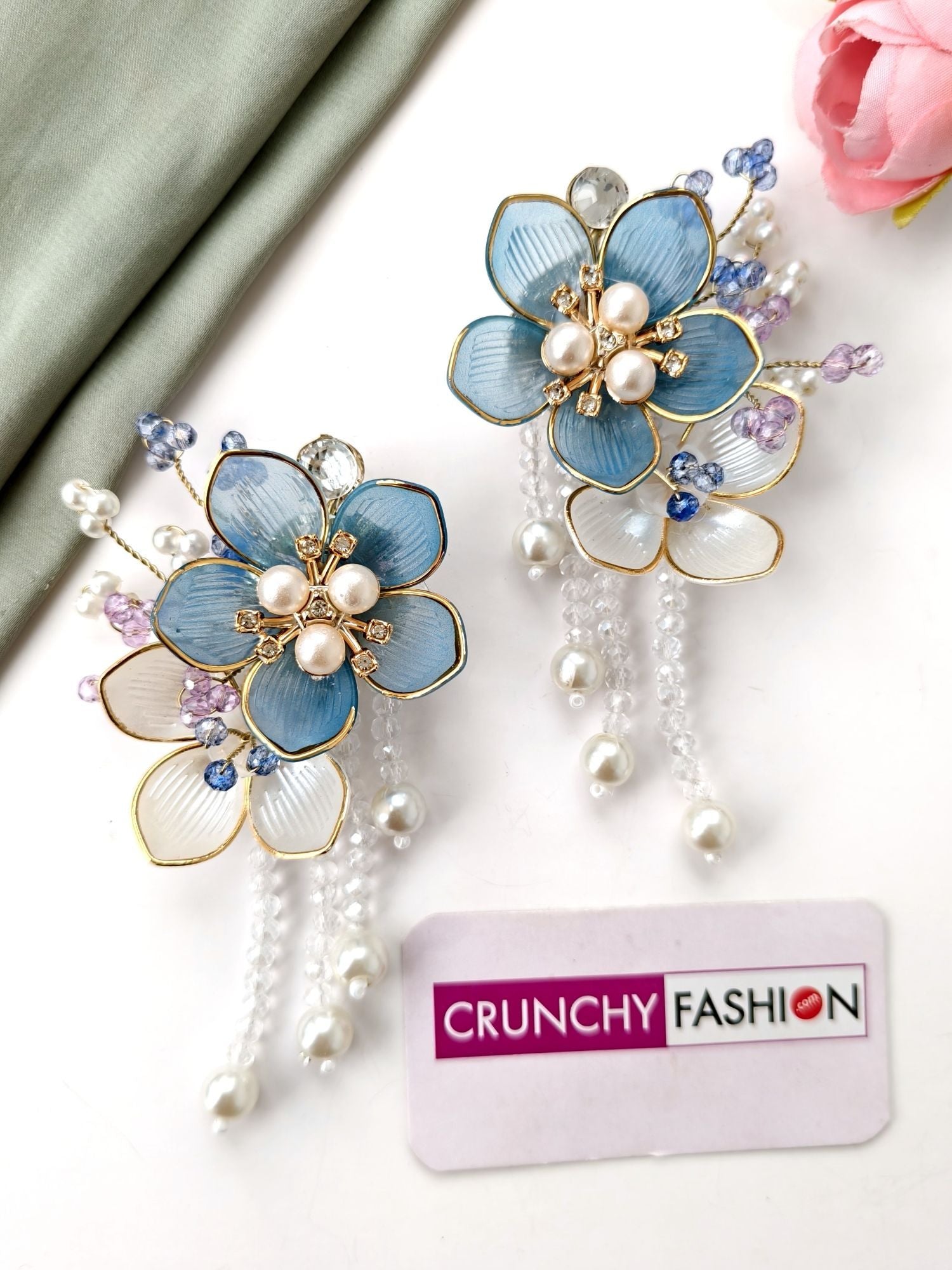 acrylic jewellery set blue white floral haldi mehndi baby shower