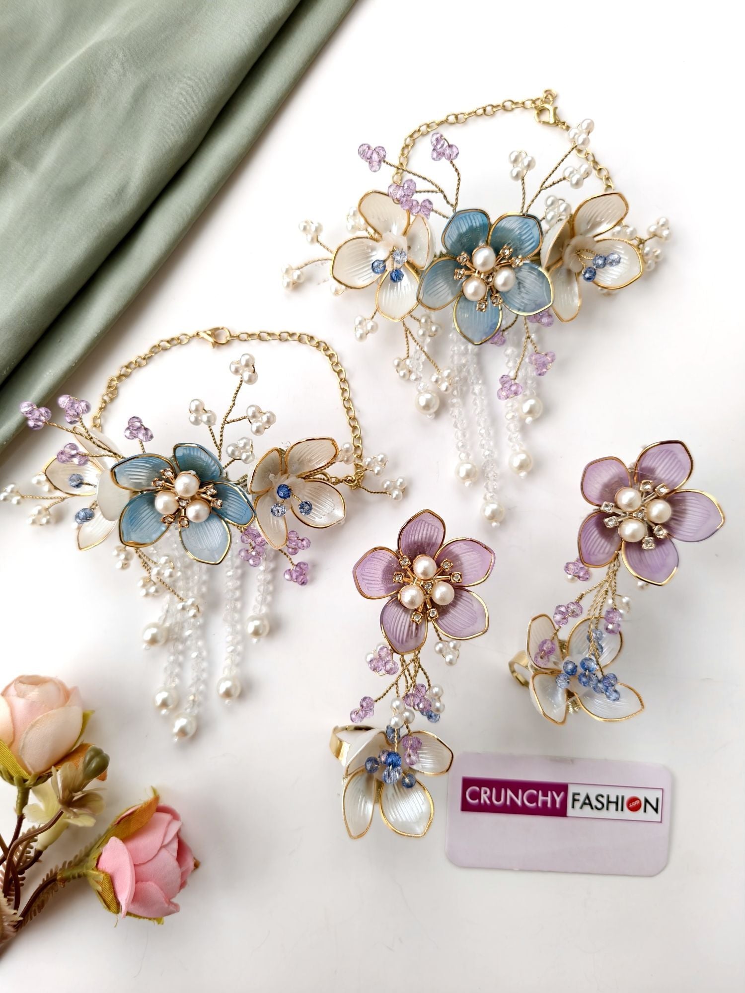 acrylic jewellery set blue white floral haldi mehndi baby shower