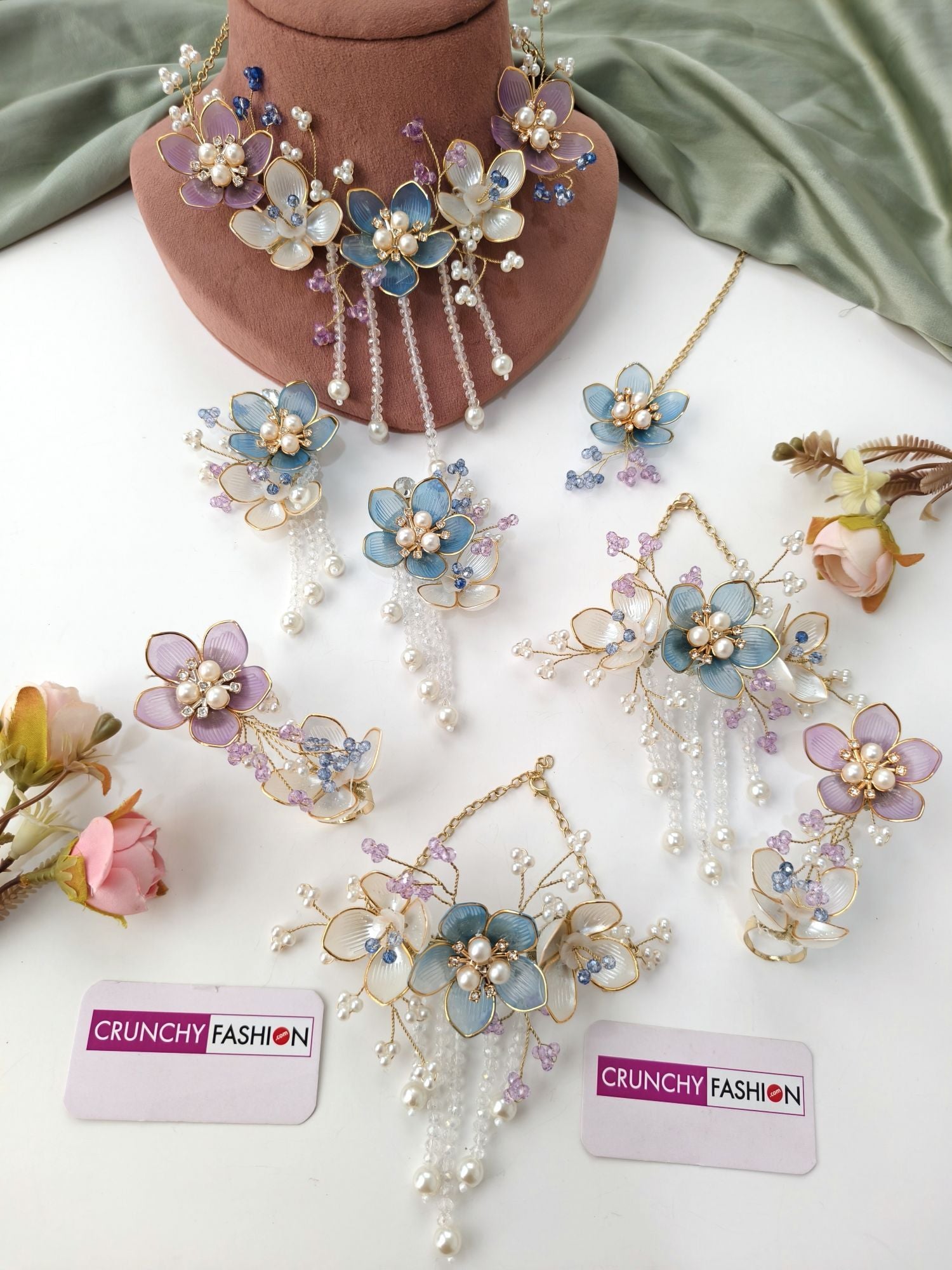 acrylic jewellery set blue white floral haldi mehndi baby shower