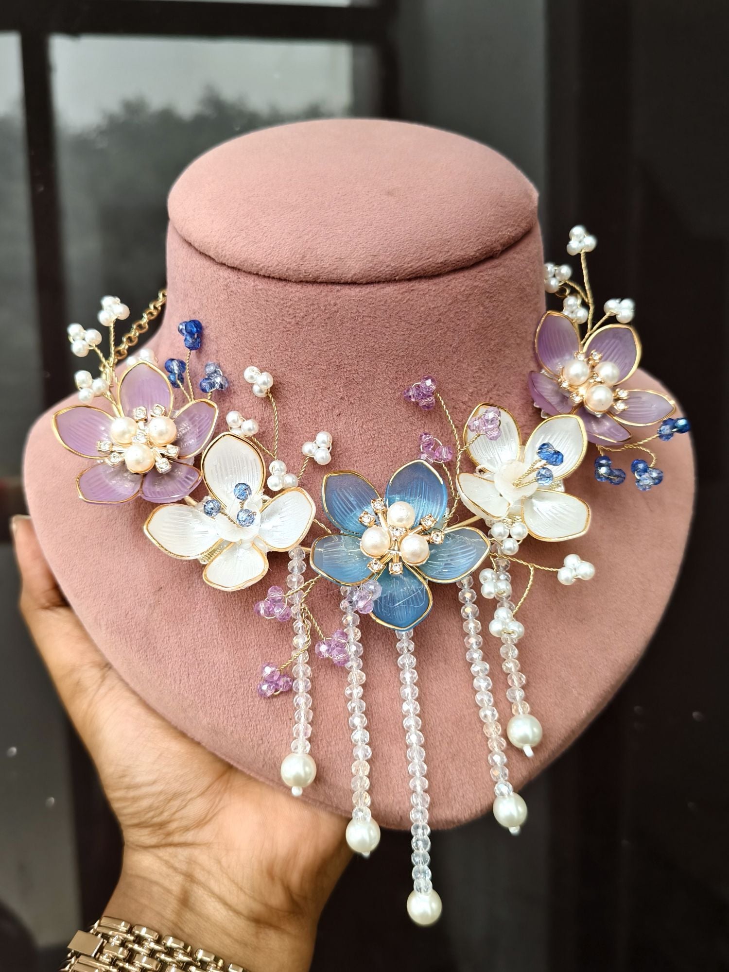 acrylic jewellery set blue white floral haldi mehndi baby shower